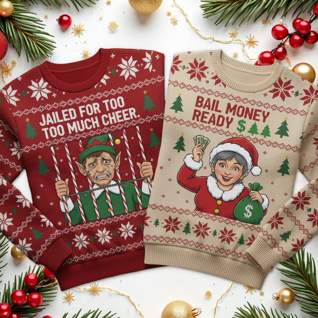 Custom Photo Couple Ugly Christmas Sweater, Jailed for Too Much Cheer, Bail Money Ready, Funny Matching Xmas Jumper, Personalized Sweater | Ugly 62