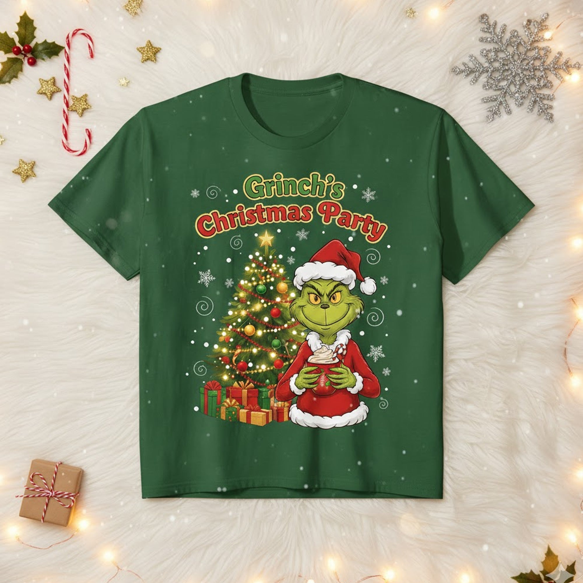 Grinch Christmas Party T-Shirt, Funny Holiday Tee, Santa Tree Gifts Graphic Shirt, Unisex Xmas Top, Festive Outfit for Men Women Kids - T-shirt69
