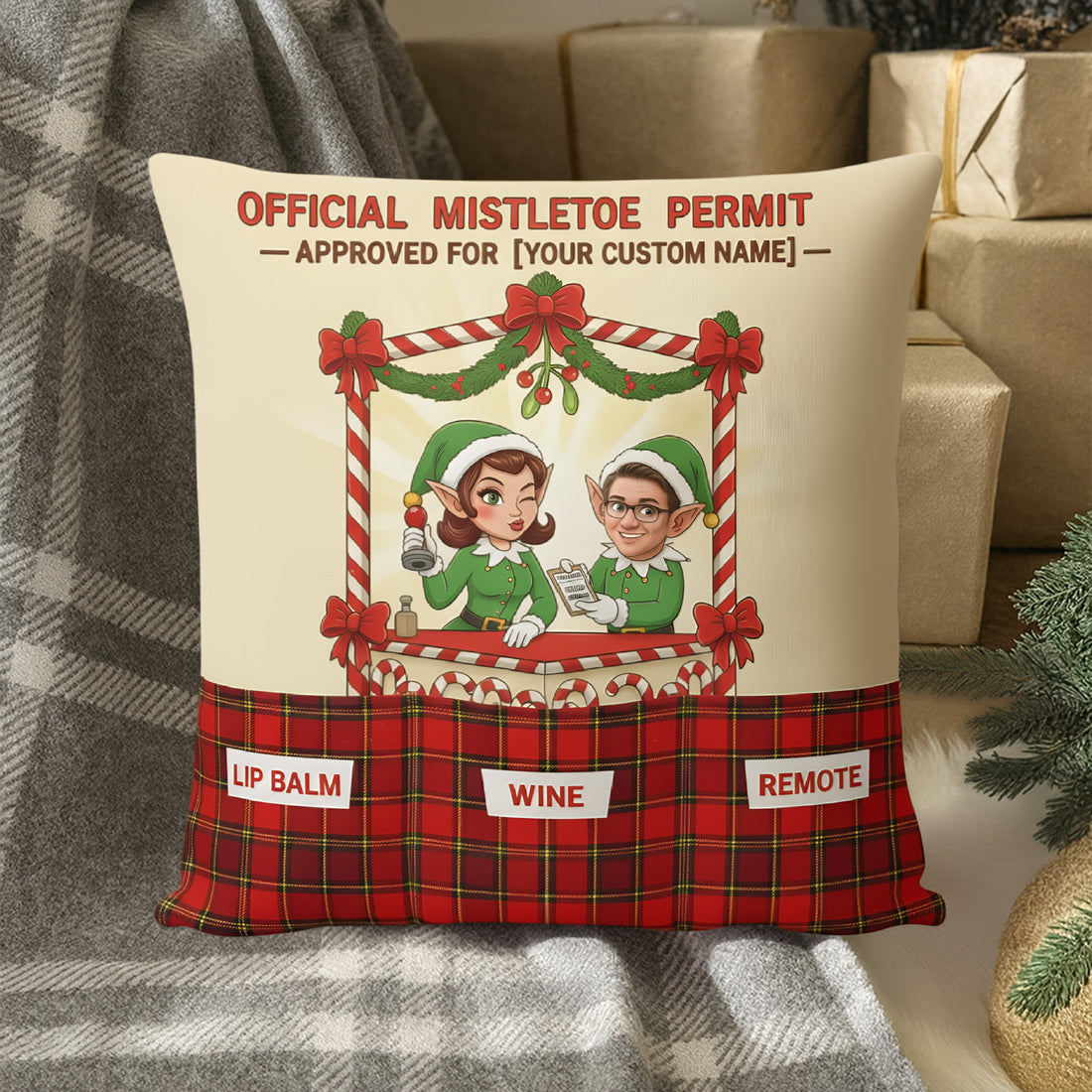 Personalized Christmas Pillow – Custom Face & Name | “Official Mistletoe Permit” Funny & Romantic Holiday Gift | Pillow8
