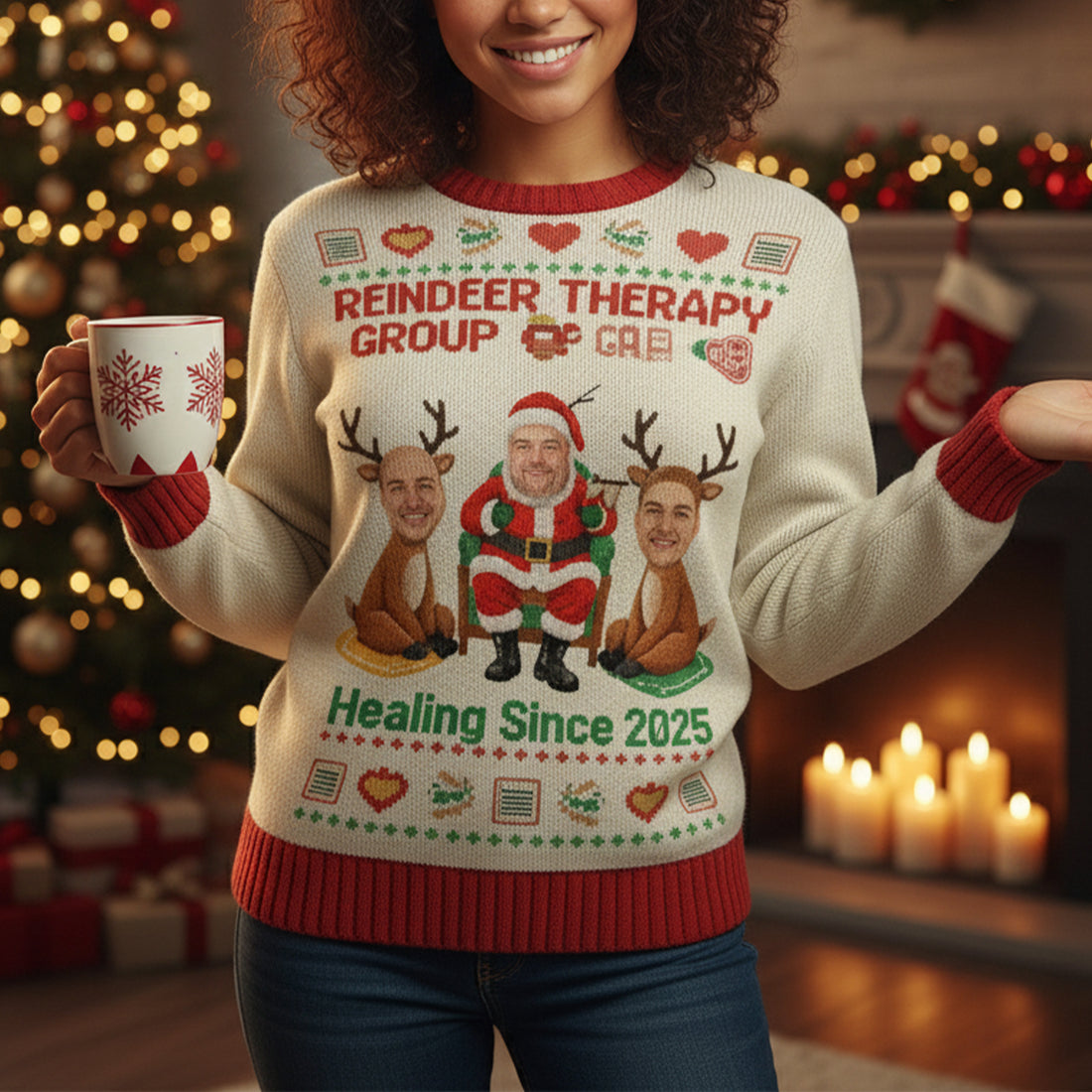 Reindeer Therapy Group Ugly Christmas Sweater – Customizable Photo, Funny Holiday Jumper, Healing Since 2025 | Ugly 64