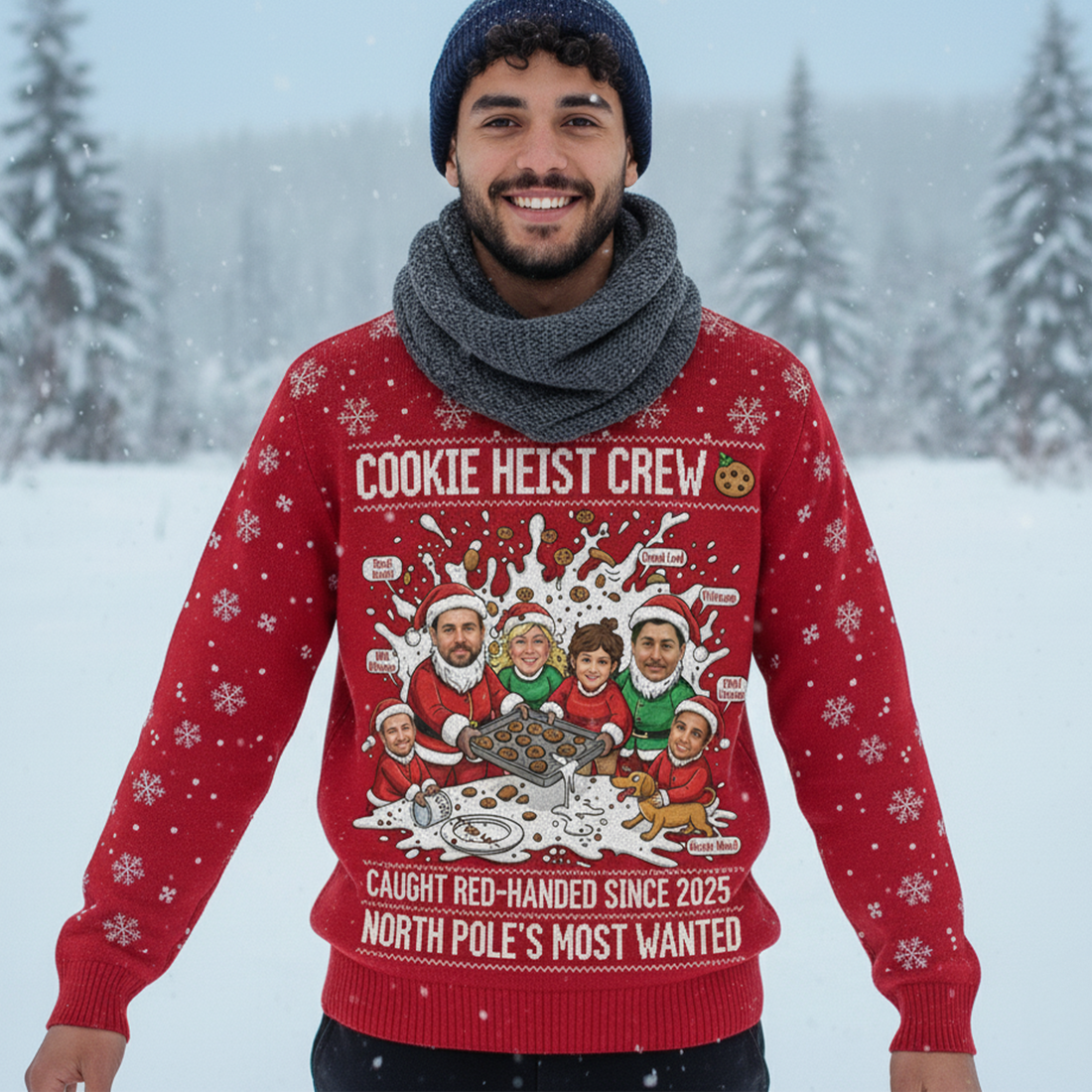 Custom Family Photo Ugly Christmas Sweater – Cookie Heist Crew | Funny Matching Family Xmas Sweatshirt | Personalized Face Ugly Sweater 2025 | Ugly67