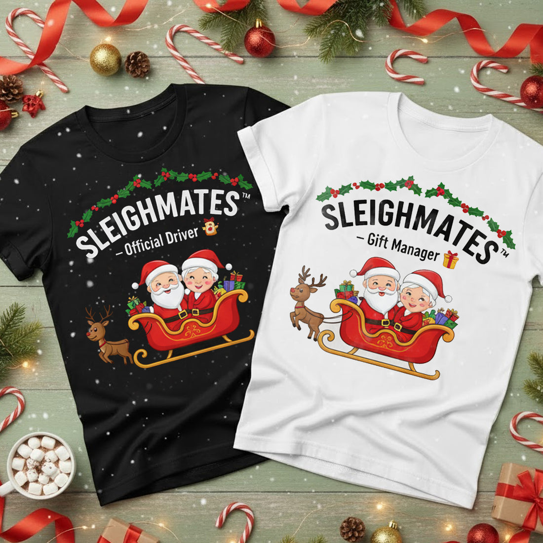 Sleighmates Custom Photo Christmas T-Shirt, Funny Couple Holiday Tee, Personalized Santa Sleigh Shirt, Xmas Gift for Husband Wife | Tshirt83