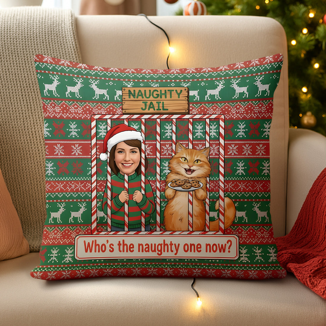 Custom Naughty Christmas Pillow – Funny Cat and Owner Gift, Personalized Photo Linen Cushion, Holiday Decor | Pillow41