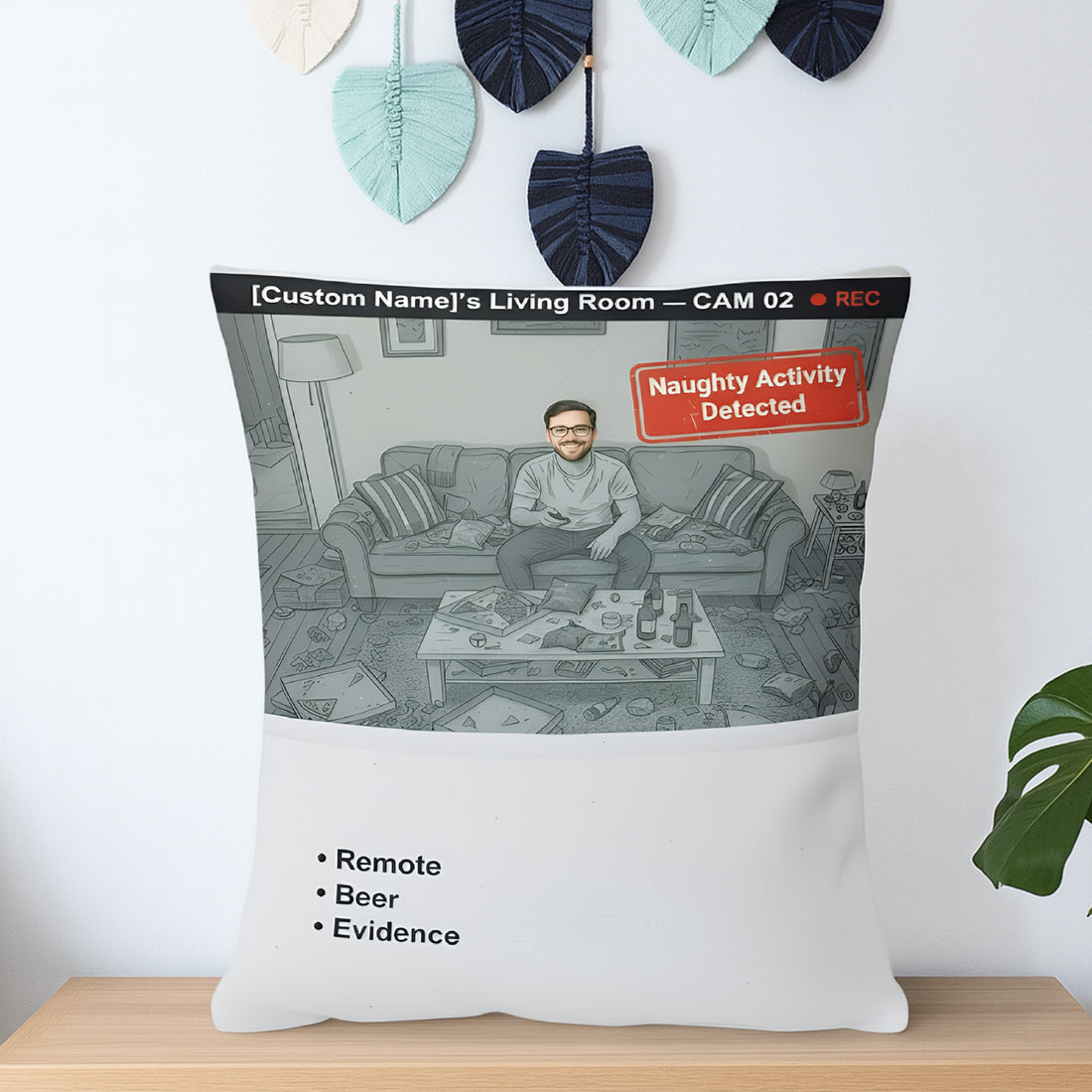 Custom Naughty Activity Detected Pillow – Funny CCTV Camera Design, Personalized Photo Linen Cushion | Pillow63