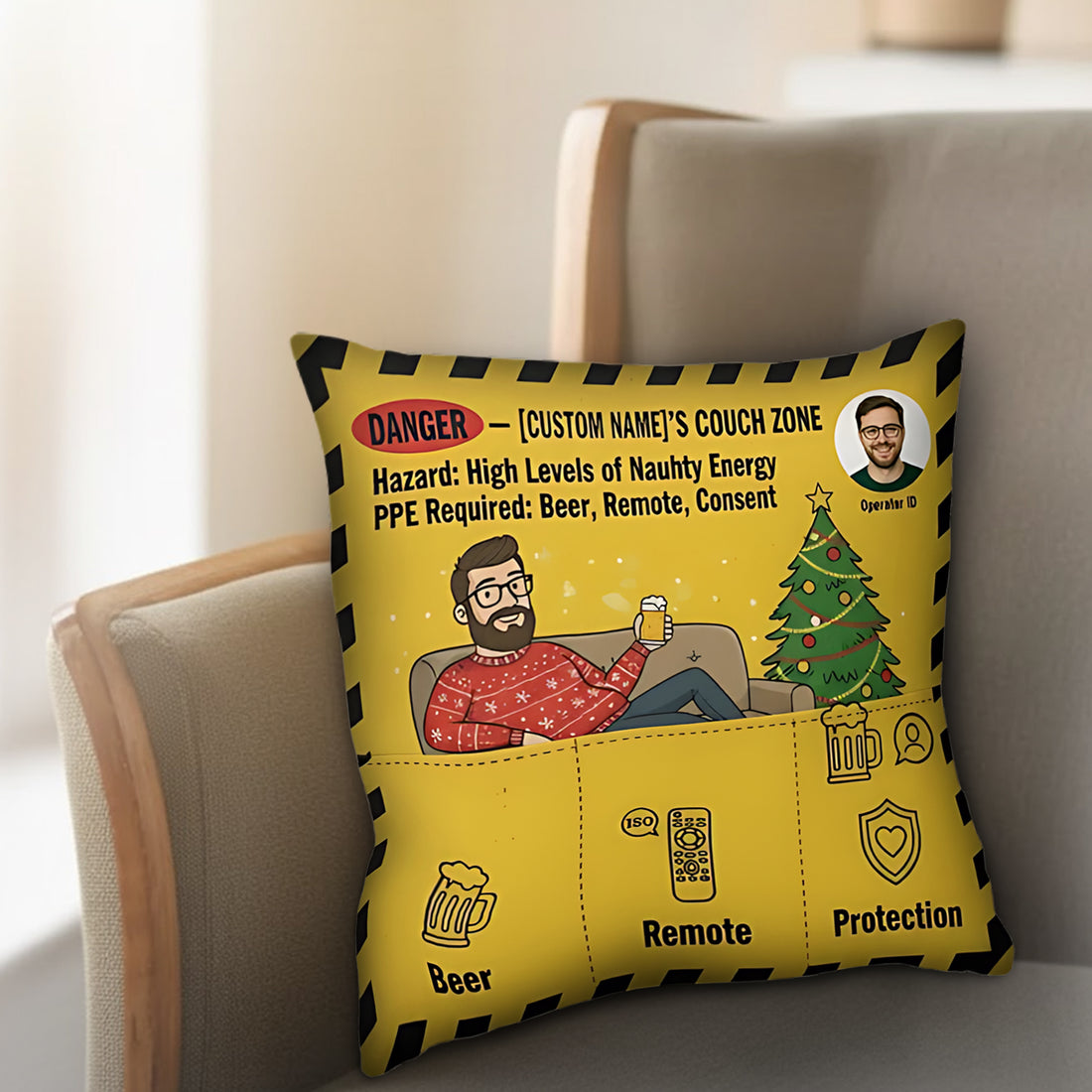 Personalized Christmas Pillow | Custom Face Gift for Him | Funny Couch Zone Decor | Naughty Holiday Gift | Beer Lover Cushion | Pillow94