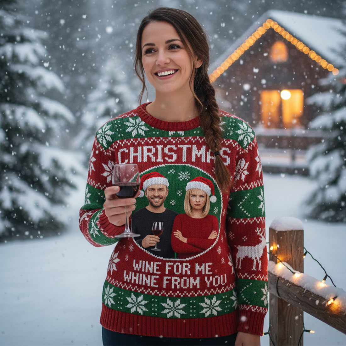 Custom Photo Ugly Christmas Sweater, Funny Couple Xmas Jumper, Wine For Me Whine From You, Personalized Holiday Gift | Ugly 50