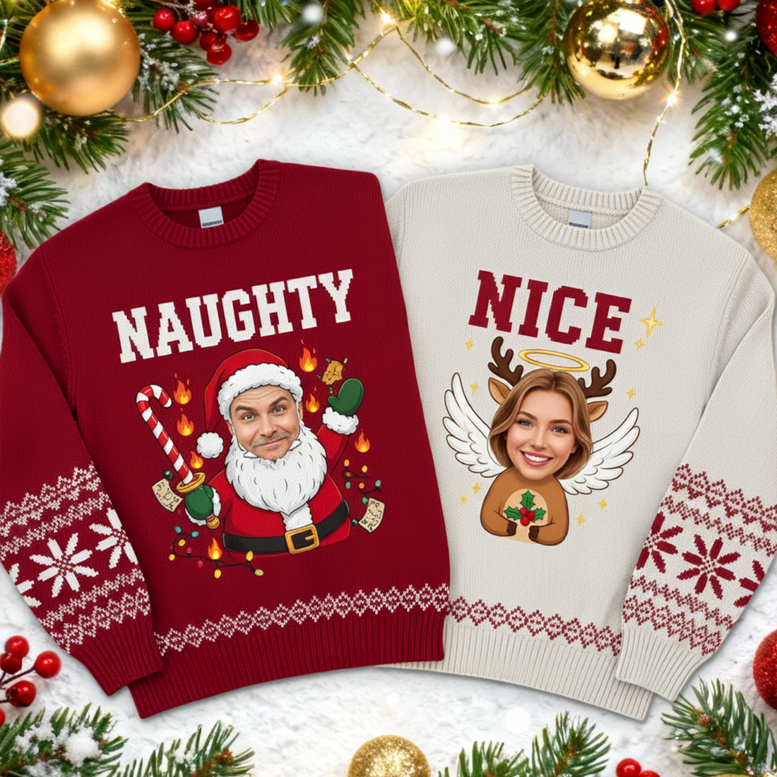 Custom Photo Couple Ugly Christmas Sweater, Naughty and Nice, Funny Matching Xmas Jumper, Personalized Face Holiday Gift for Couples | Ugly 65