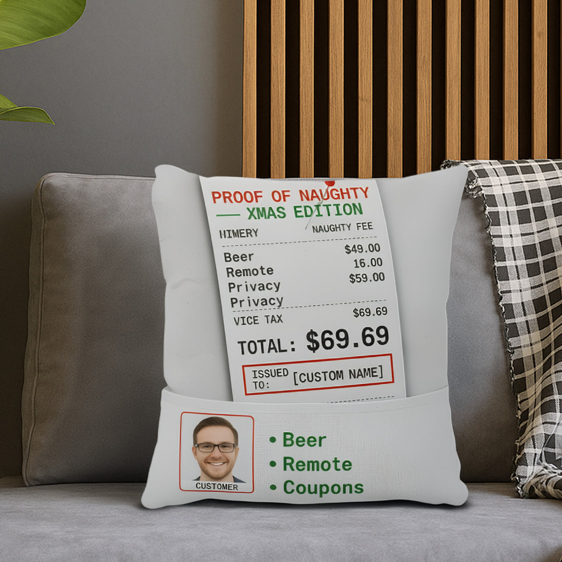 Custom “Proof of Naughty” Christmas Pillow – Funny Personalized Gift for Him | Custom Name & Photo Linen Cushion | Pillow18