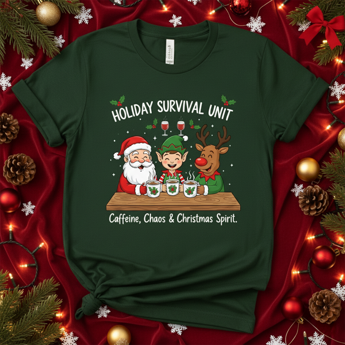 Holiday Survival Unit Christmas T-Shirt, Funny Santa Elf Reindeer Tee, Caffeine Chaos & Christmas Spirit Shirt, Festive Gift for Friends | T-shirt 21