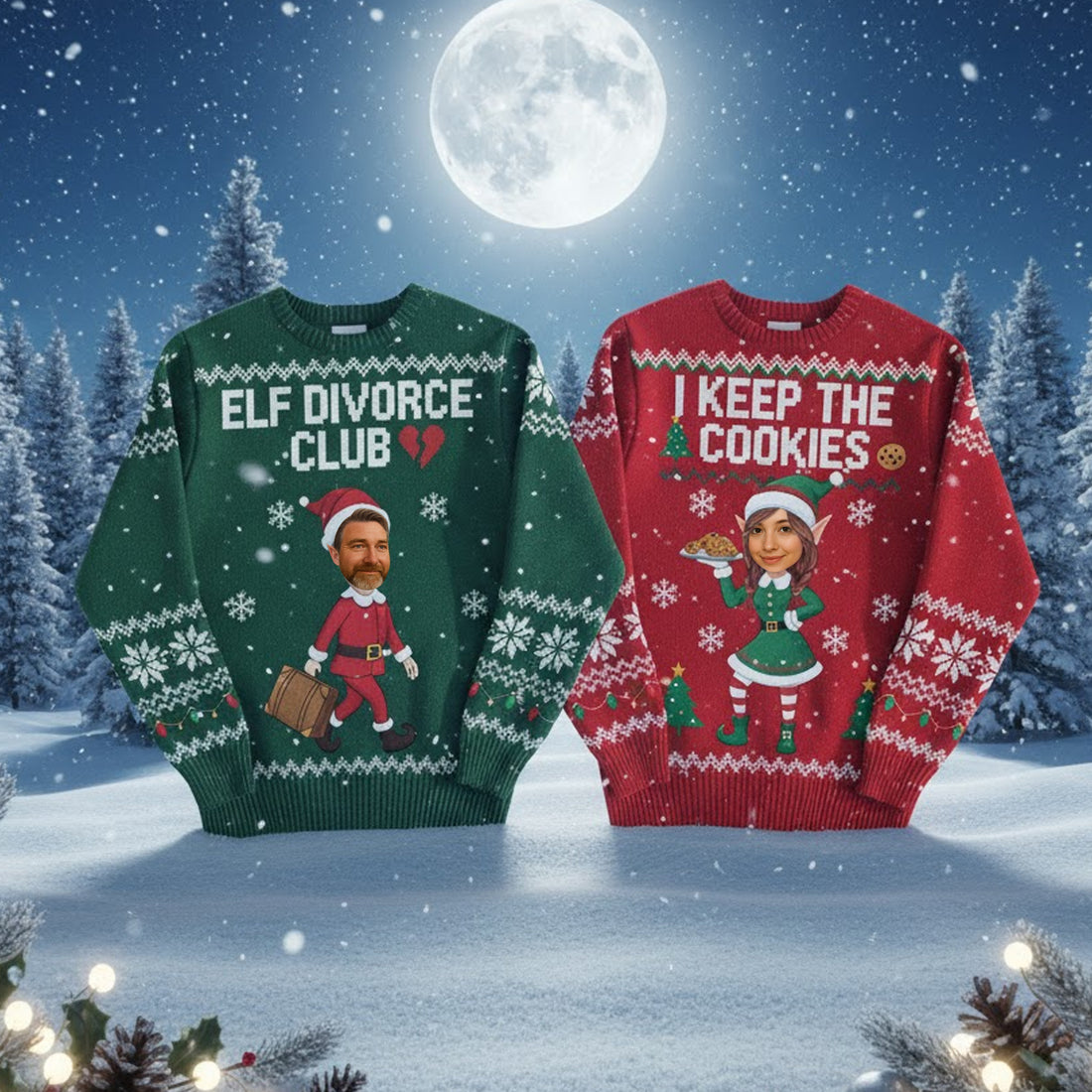 Elf Divorce Club & I Keep The Cookies Ugly Christmas Sweater – Customizable Photo, Funny Elf Jumper, Holiday Humor | Ugly 52