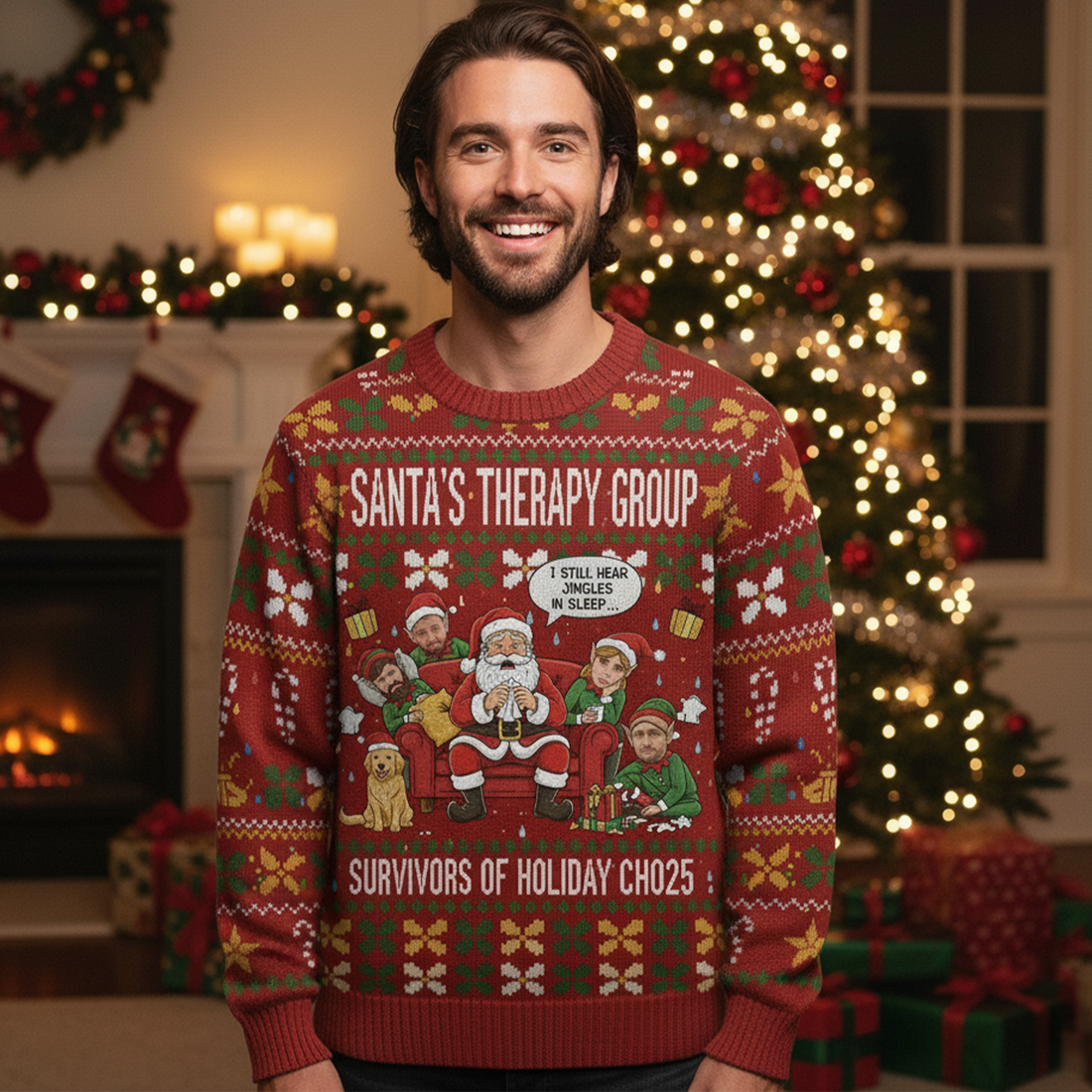 Santa's Therapy Group Ugly Christmas Sweater – Customizable Photo, Survivors of Holiday Chaos, Funny Xmas Jumper  | Ugly 86