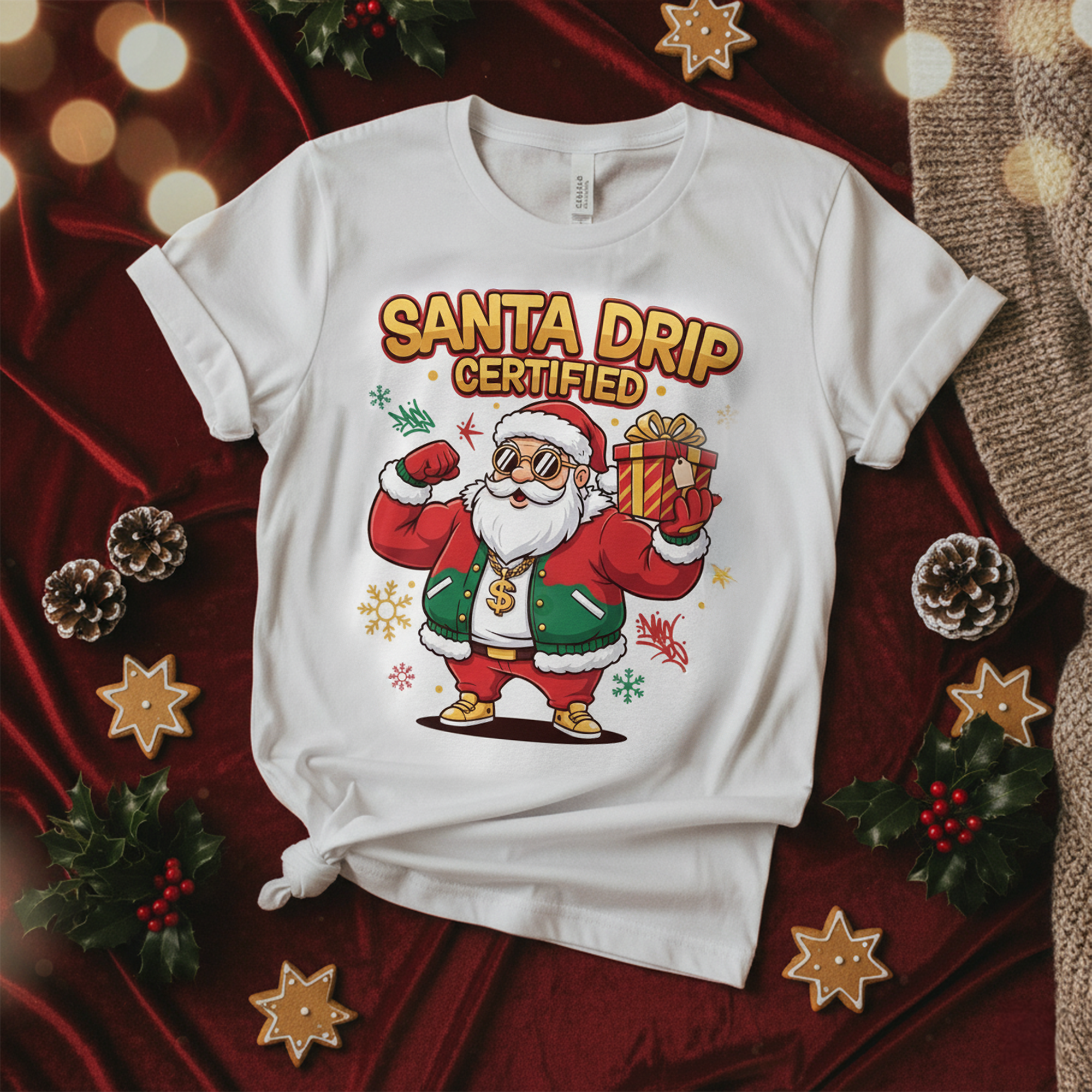 Santa Drip Certified T-Shirt, Funny Christmas Tee, Cool Santa Holiday Shirt, Hip Hop Xmas Gift for Men, Trendy Streetwear Christmas Top | T-shirt 43