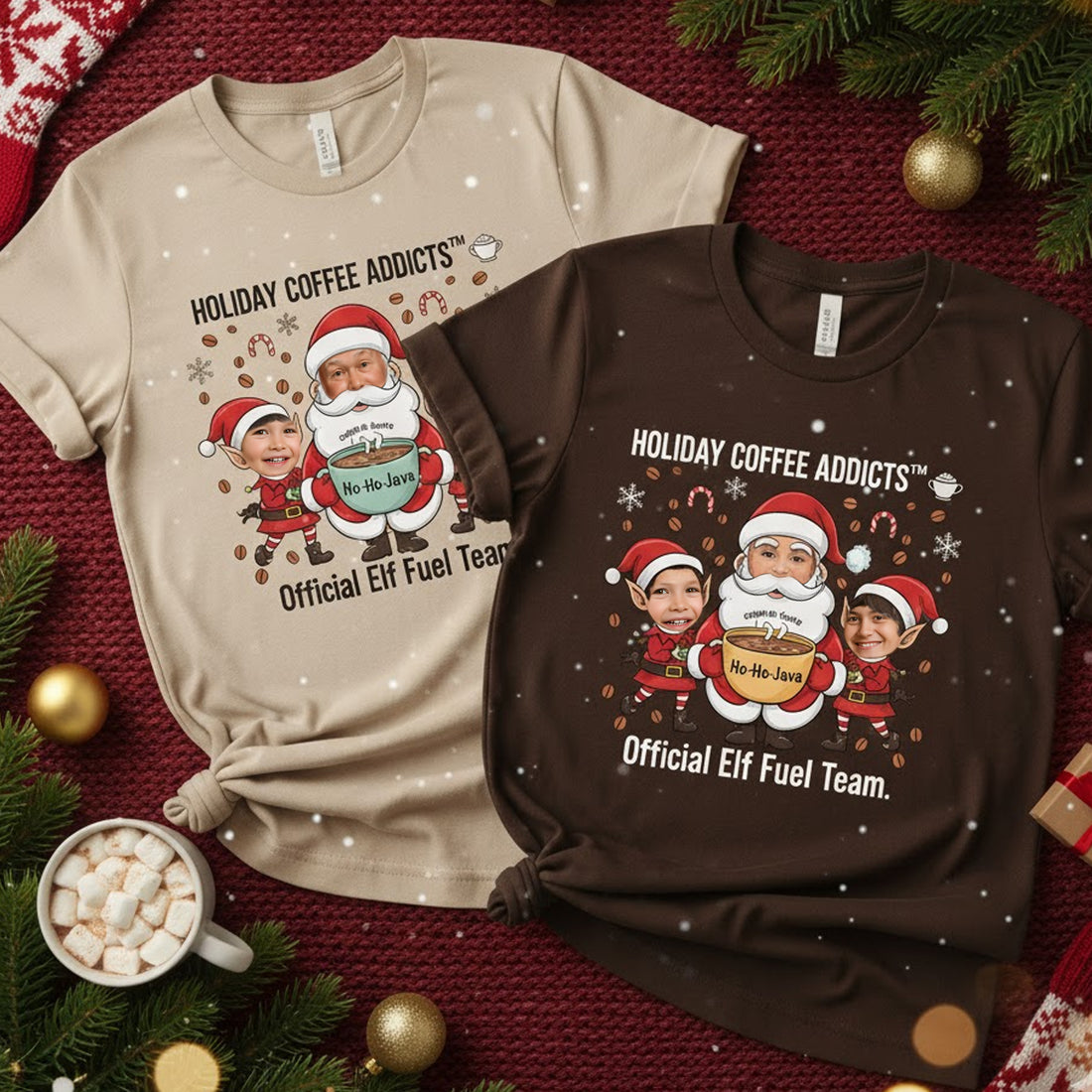 Holiday Coffee Addicts Custom Photo Christmas T-Shirt, Funny Personalized Santa Elf Tee, Coffee Lover Xmas Gift, Family Holiday Shirt | T-shirt 27