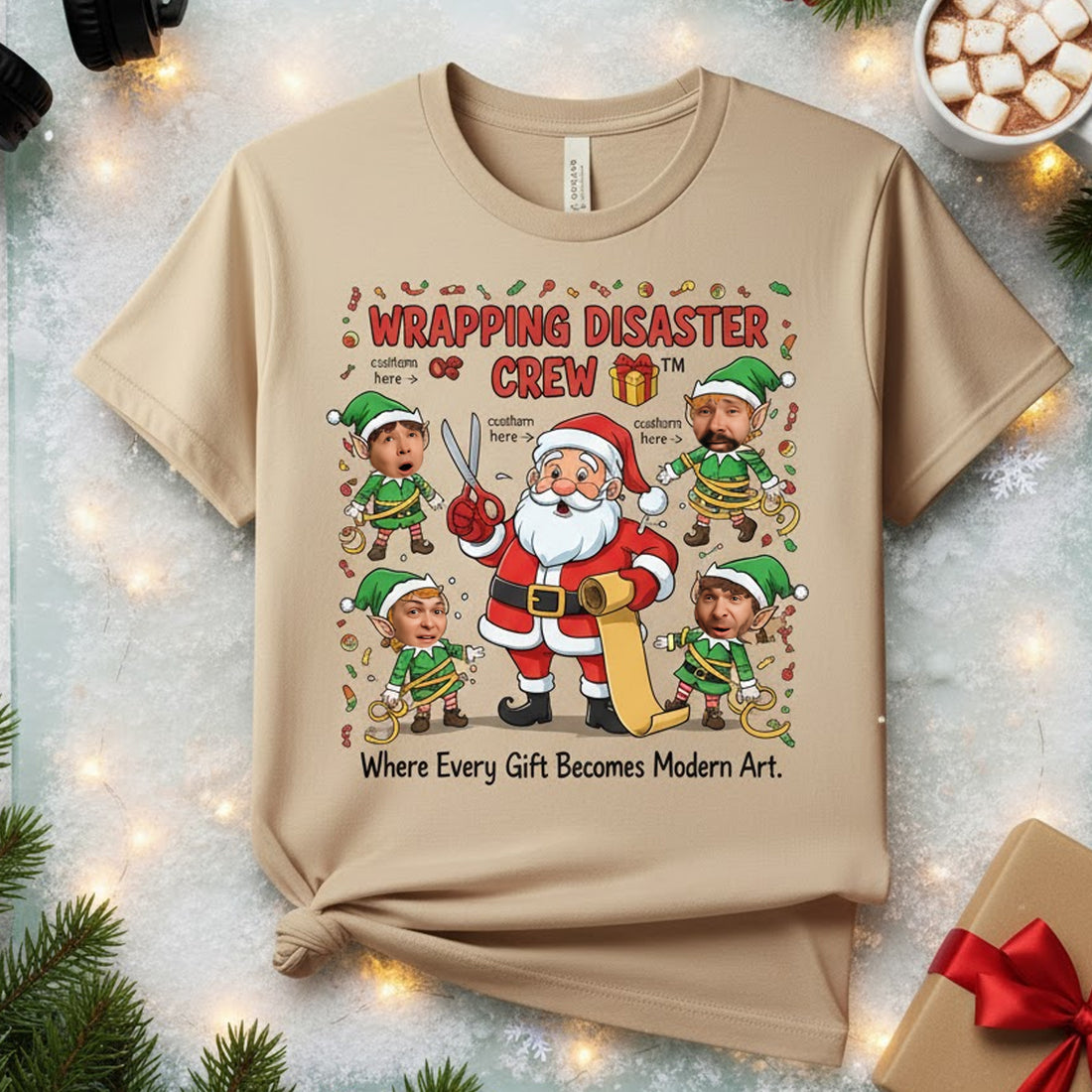 Wrapping Disaster Crew Custom Photo Christmas T-Shirt, Funny Personalized Santa Elf Tee, Family Matching Holiday Shirt, Xmas Gift Idea | T-shirt 15