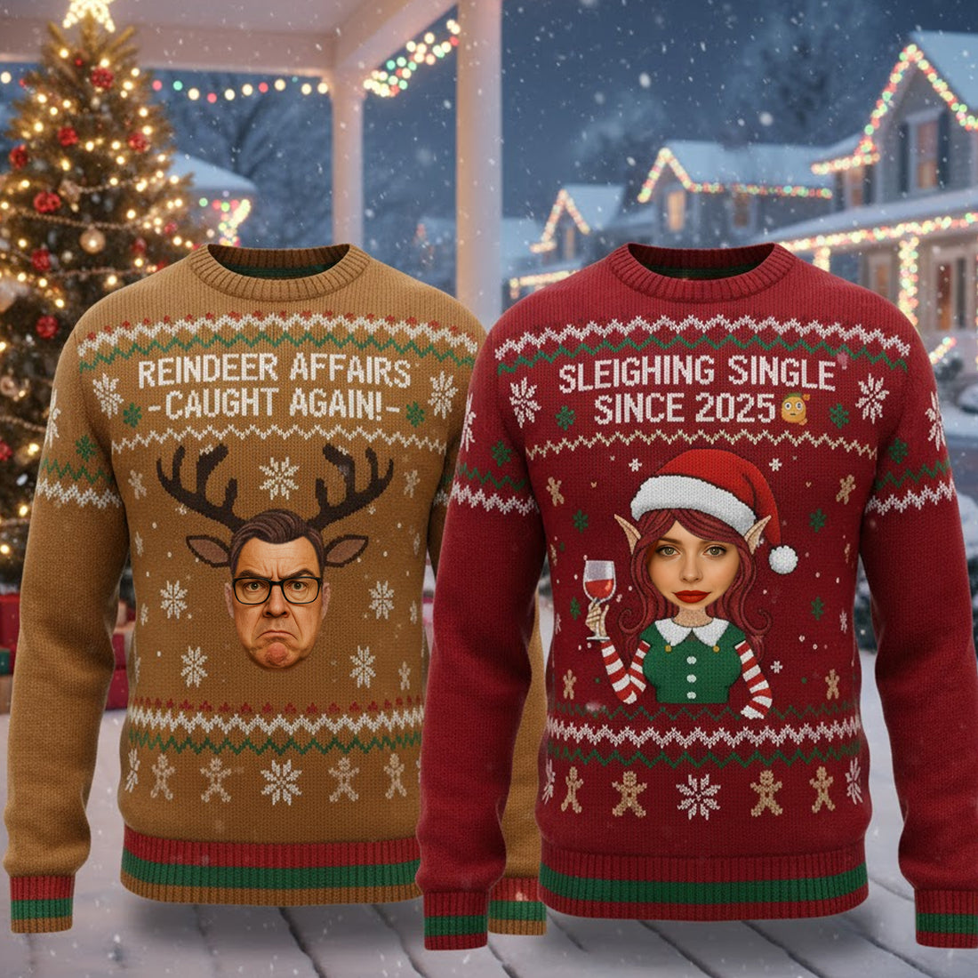 Custom Reindeer Affairs and Sleighing Single Ugly Sweater, Funny Christmas Sweater, Personalized Name & Photo for Holiday Parties | Ugly 41