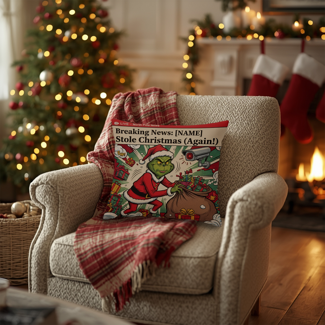 Funny Christmas Pillow, Custom Name Breaking News Cushion, Personalized Linen Decor, Holiday Gift for Family or Friends| Pillow 107