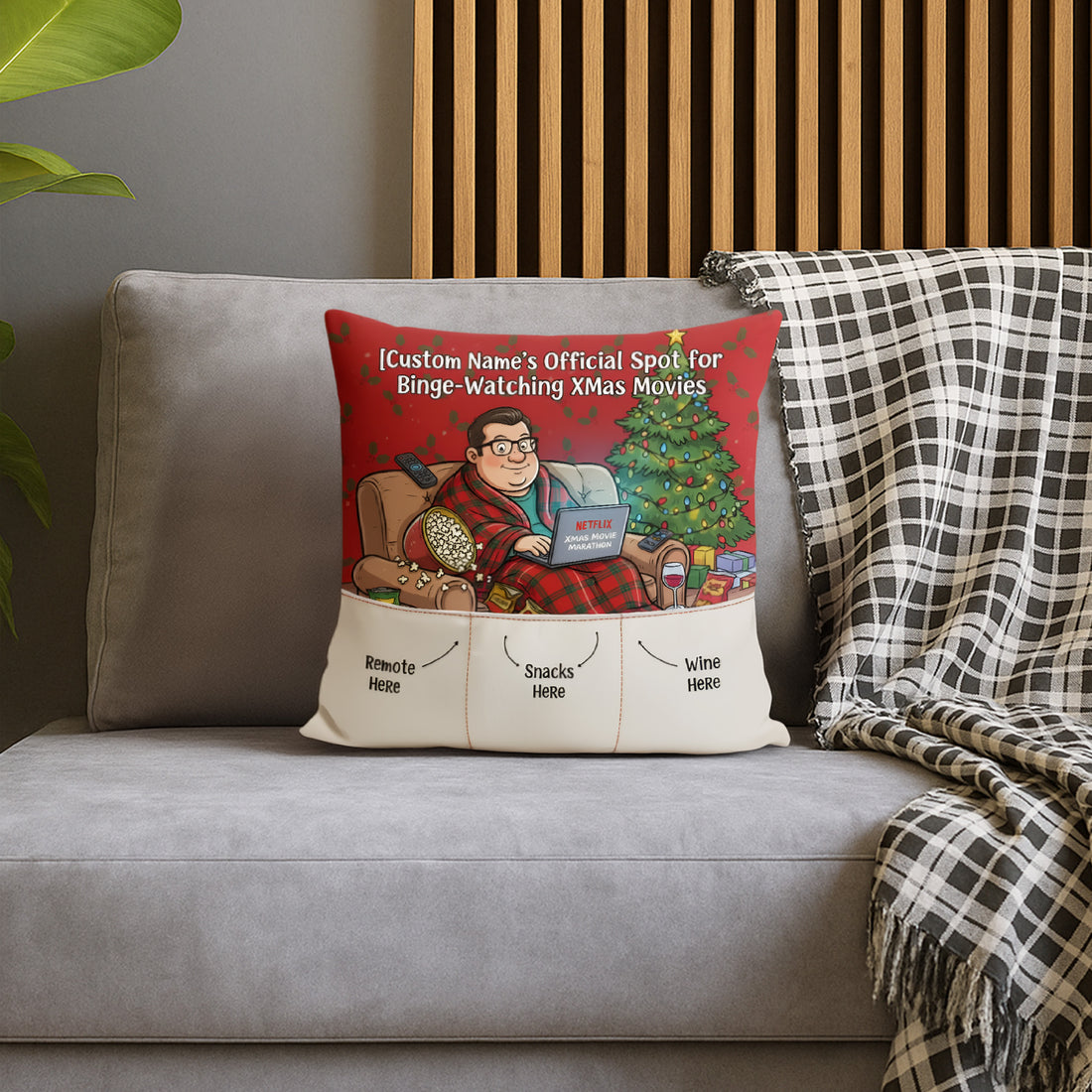 Personalized Christmas Pillow – Custom Face & Name | Christian Gift for Movie Lovers | “Official Spot for Binge-Watching Xmas Movies”