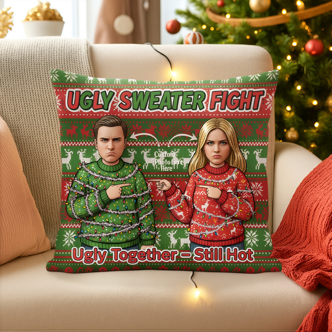 Personalized Christmas Pillow – Custom Faces & Names | “Ugly Sweater Fight” Funny & Faith-Inspired Couple Gift | Pillow11