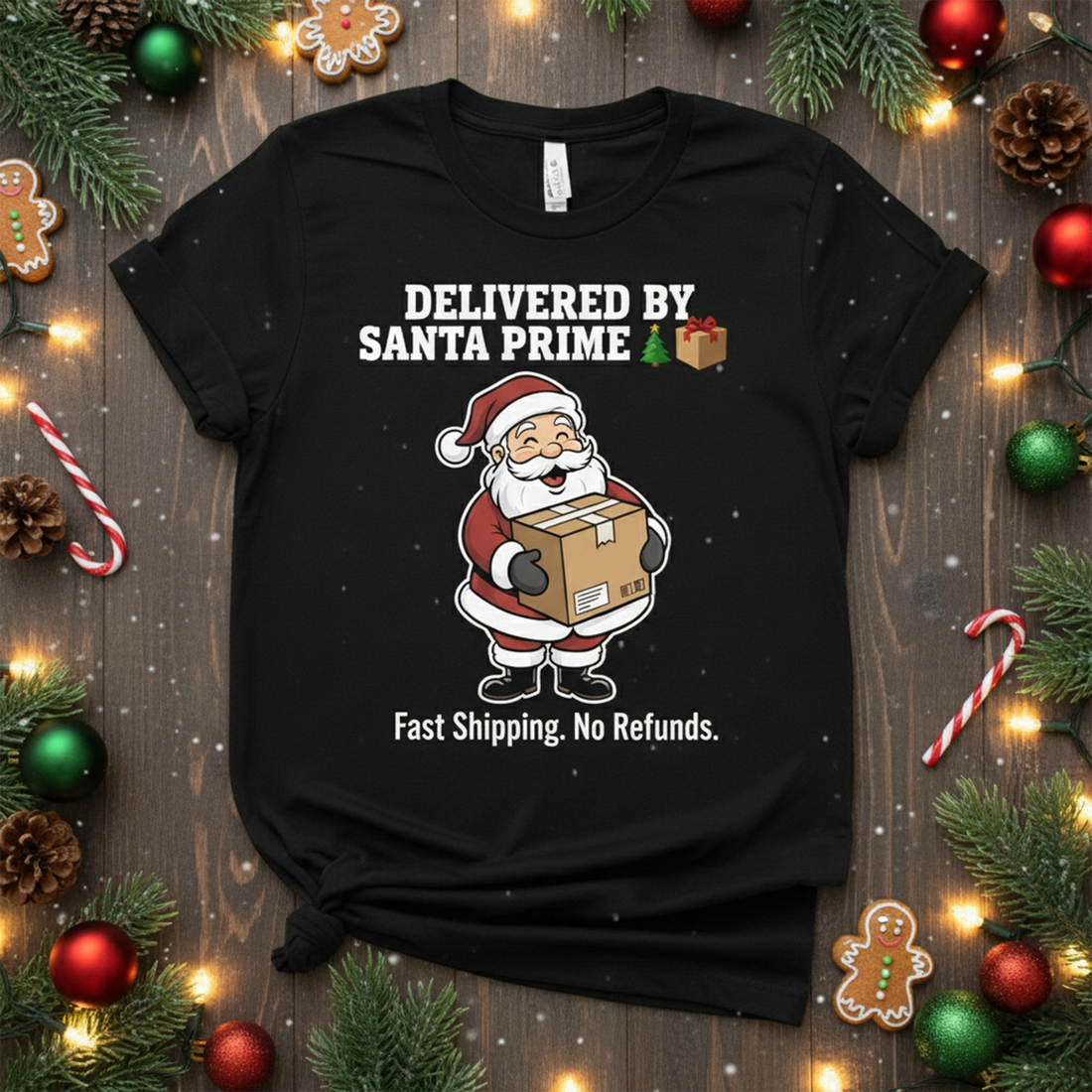 Funny Christmas Santa Prime T-Shirt, Delivered by Santa Tee, Cute Holiday Shirt, Fast Shipping No Refunds, Christmas Gift for Him or Her | T-shirt 34