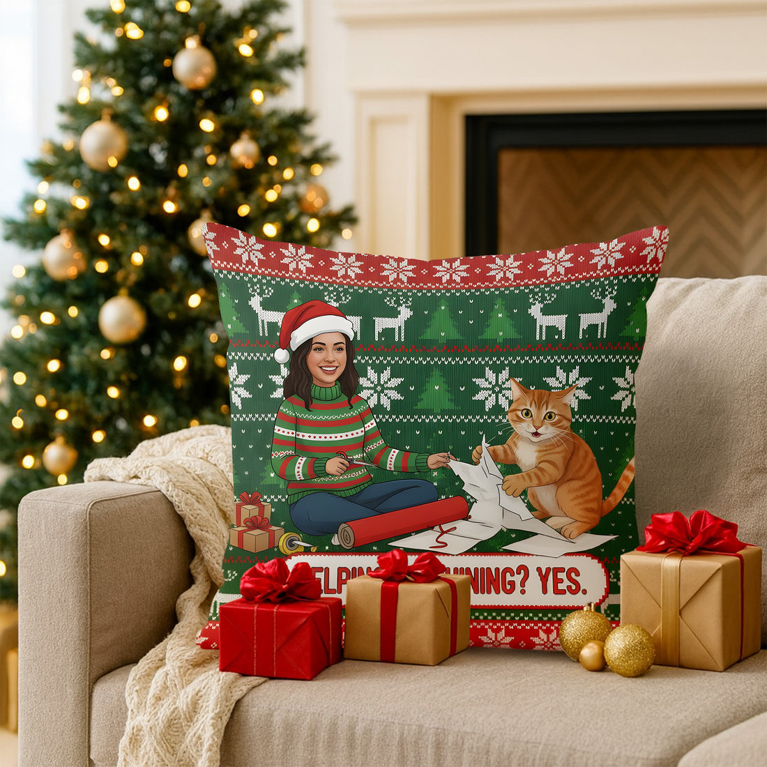 Personalized Cat & Owner Christmas Pillow | Custom Face Pet Gift | Funny Holiday Decor | Helping or Ruining Yes | Gift for Pet Lovers | Pillow43