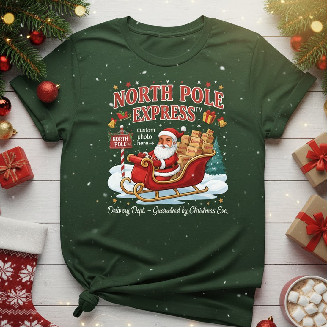 North Pole Express Custom Photo Christmas T-Shirt, Personalized Santa Sleigh Tee, Funny Holiday Gift, Xmas Shirt for Men Women Kids  | T-shirt 37