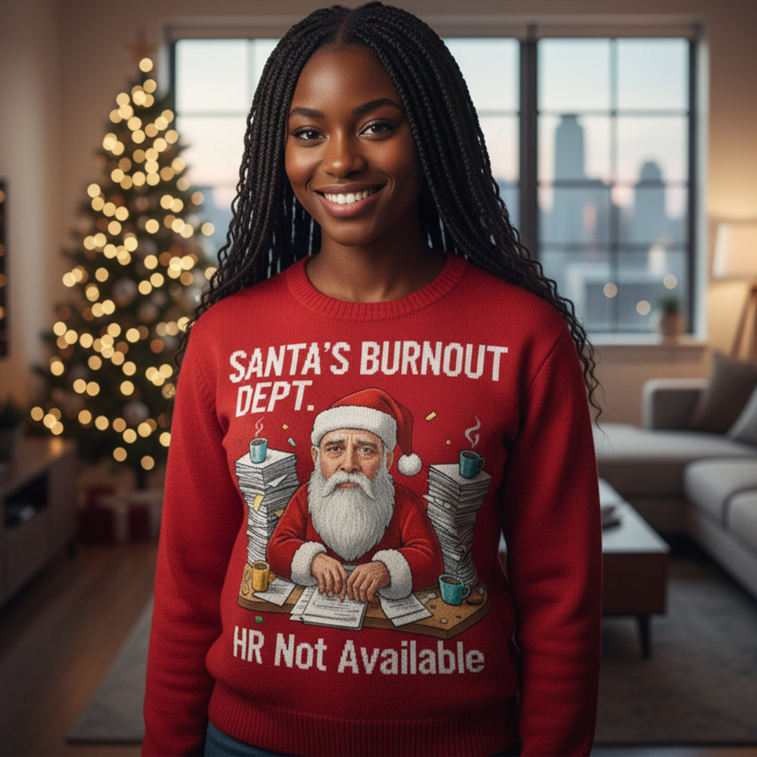 Santa's Burnout Dept Christmas Sweater – Customizable Photo, Funny HR Not Available, Holiday Jumper for Stressful Xmas | Ugly 48