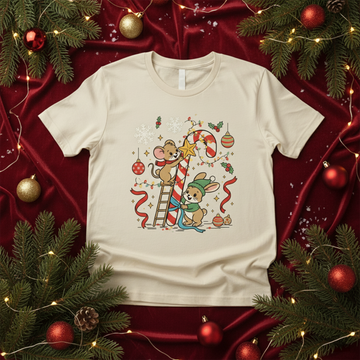 Cute Mouse and Bunny Christmas T-Shirt, Candy Cane Holiday Tee, Funny Xmas Shirt, Adorable Animal Lover Gift, Festive Winter Outfit | T-shirt 11
