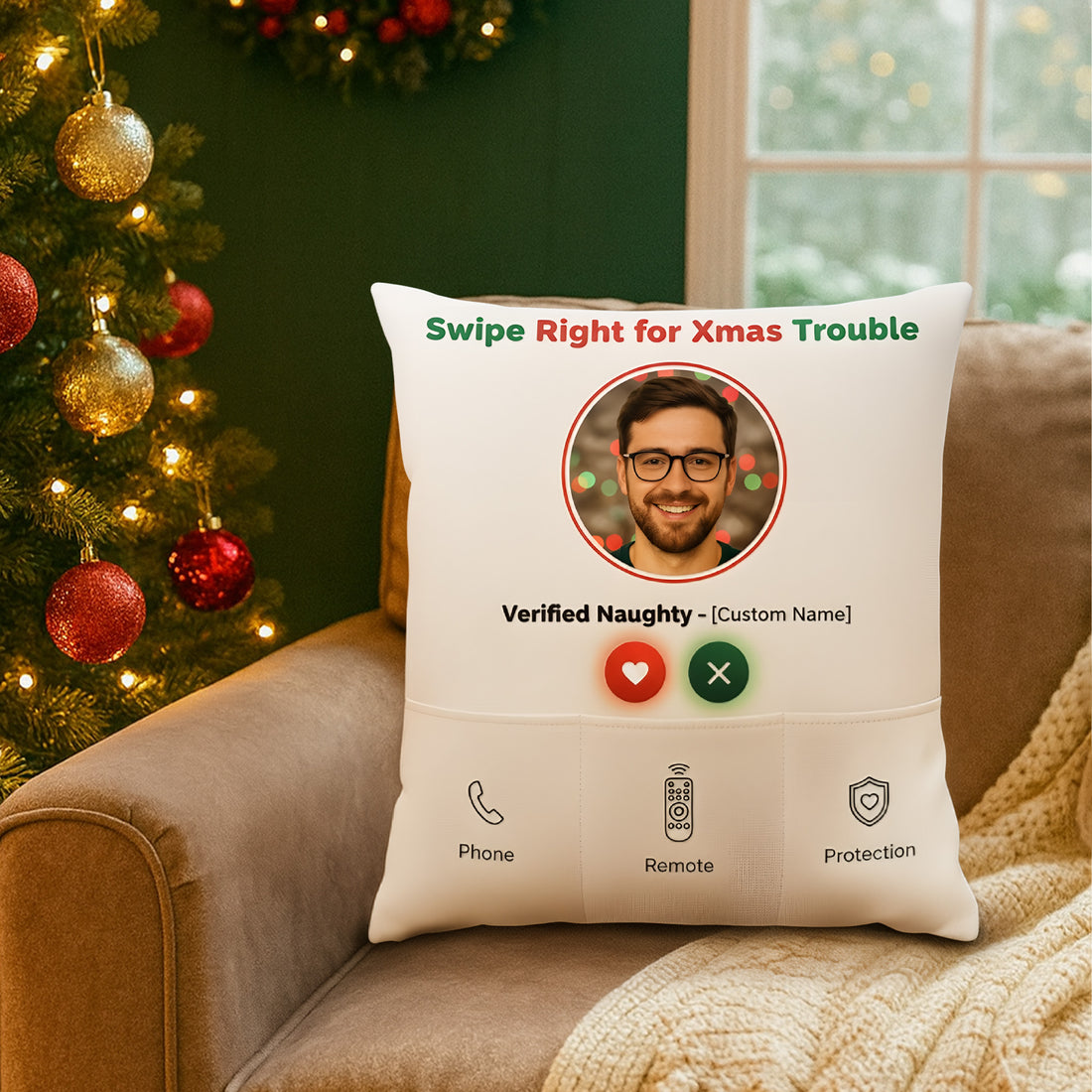 Personalized Funny Christmas Pillow | Custom Face & Name Cushion | Verified Naughty Xmas Gift | Swipe Right Holiday Decor | Pillow59