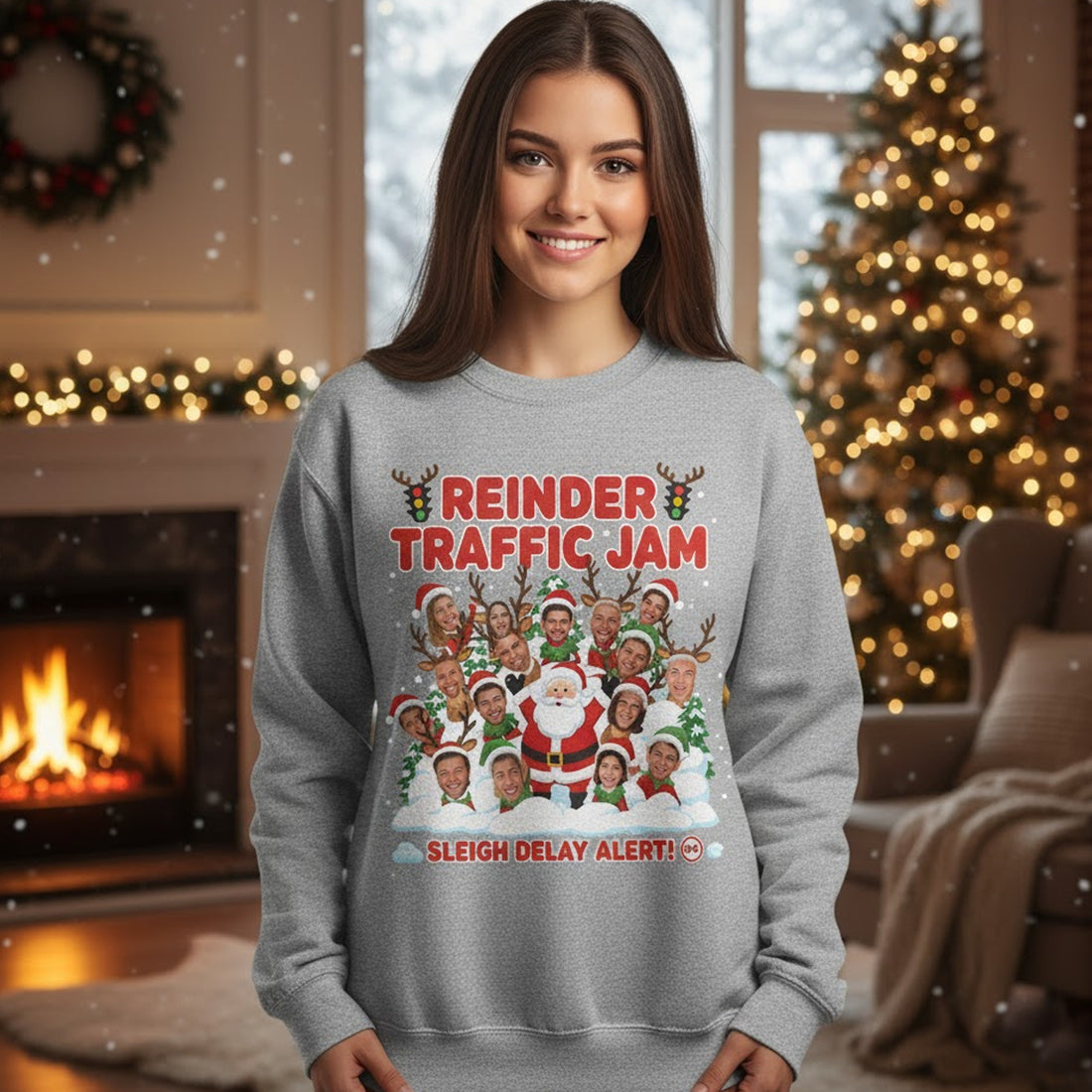 Reindeer Traffic Jam Ugly Christmas Sweater – Customizable Photo, Funny Holiday Jumper, Sleigh Delay Alert! | Ugly 110