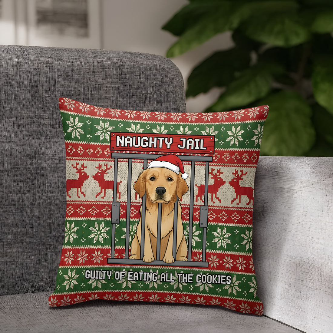 Custom Funny Dog Christmas Pillow – Naughty Jail Design, Personalized Pet Photo Gift, Cute Holiday Home Decor Cushion | Pillow74