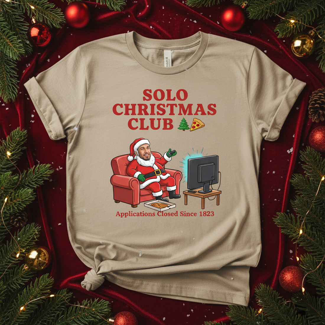 Solo Christmas Club Custom Photo T-Shirt, Funny Santa Pizza Tee, Personalized Holiday Shirt for Men, Lazy Christmas Gift, Xmas Humor | T-shirt 23