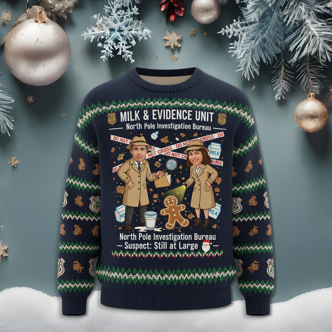Custom Photo Ugly Christmas Sweater, Funny Detective Xmas Jumper, Milk & Evidence Unit, Personalized Couple Holiday Gift | Ugly 15
