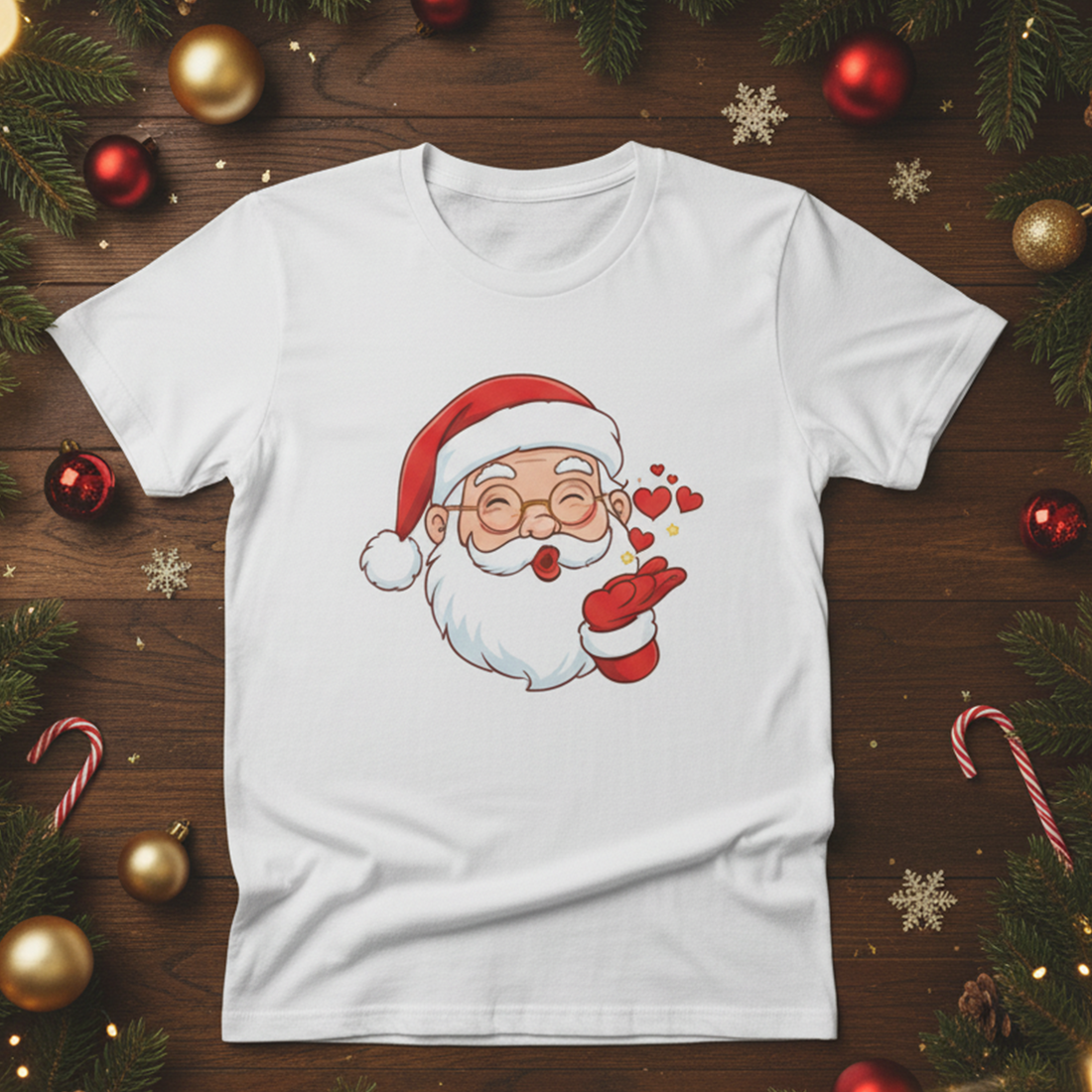 Santa Blowing Kiss Christmas T-Shirt, Cute Holiday Tee, Funny Santa Claus Shirt, Xmas Gift for Men Women, Festive Unisex Christmas Top | T-shirt 75