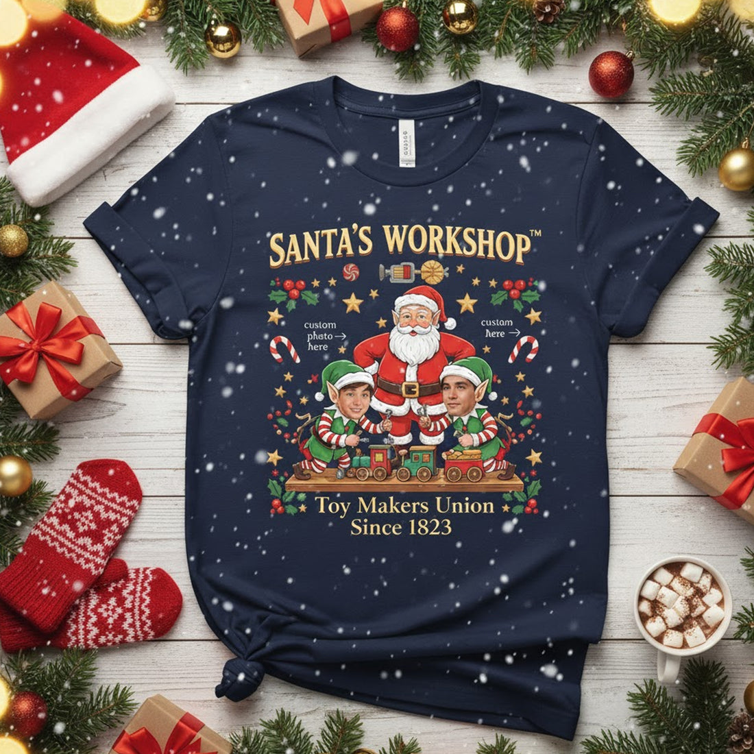 Santa’s Workshop Custom Photo Christmas T-Shirt, Personalized Elf Tee, Funny Holiday Gift, Family Xmas Matching Shirt for Men Women Kids  | T-shirt 31