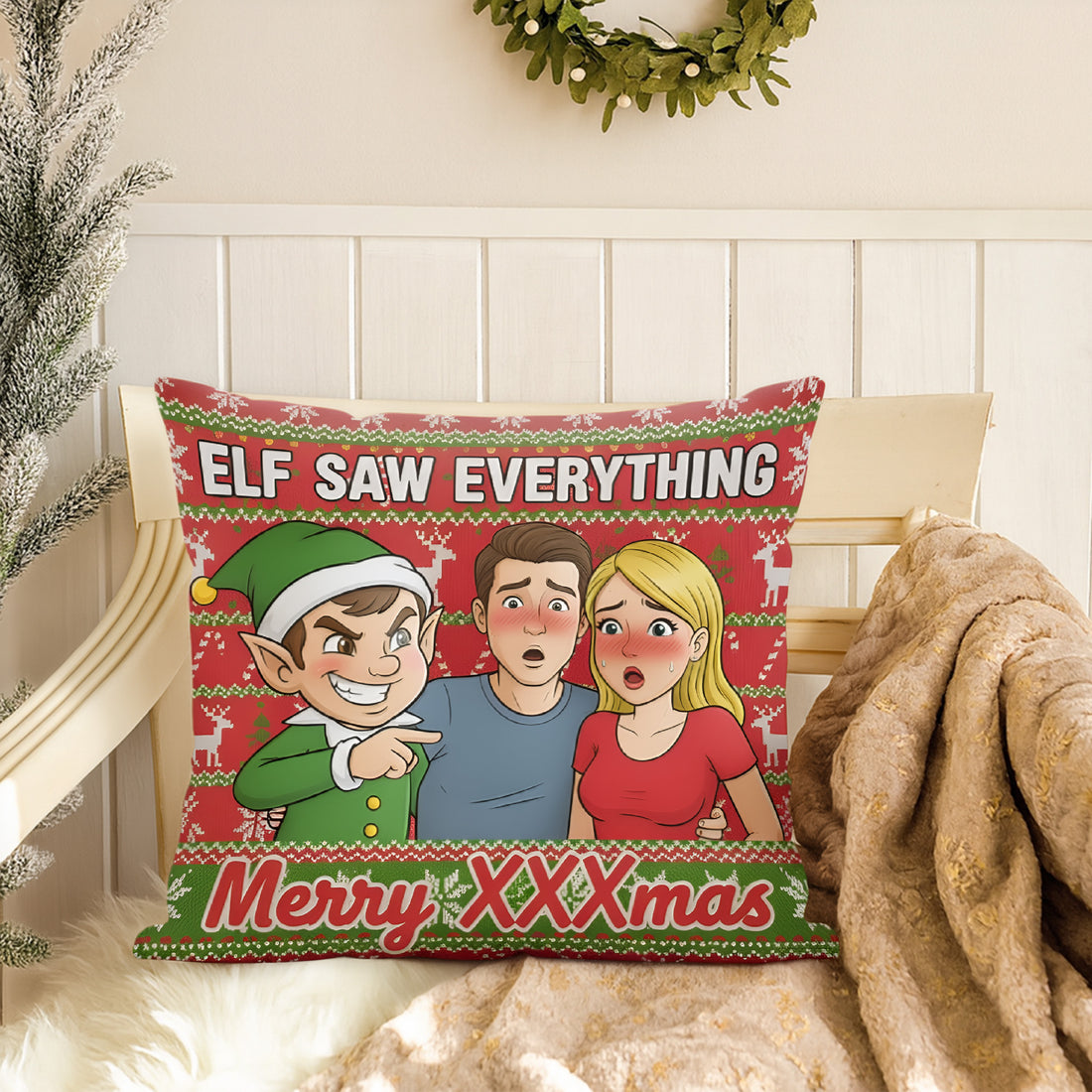 Custom Elf Saw Everything Pillow – Funny Naughty Christmas Gift, Personalized Couple Cushion, Holiday Decor for Him & Her | Pillow50