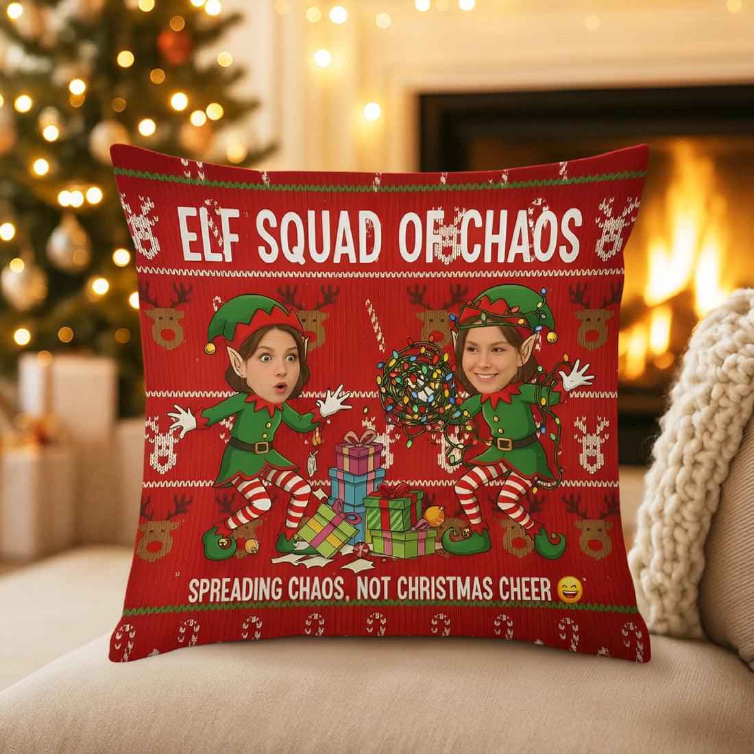 Personalized Christmas Pillow – Custom Faces & Names | “Elf Squad of Chaos” Funny & Faith-Inspired Holiday Gift for Family & Friends | Pillow10