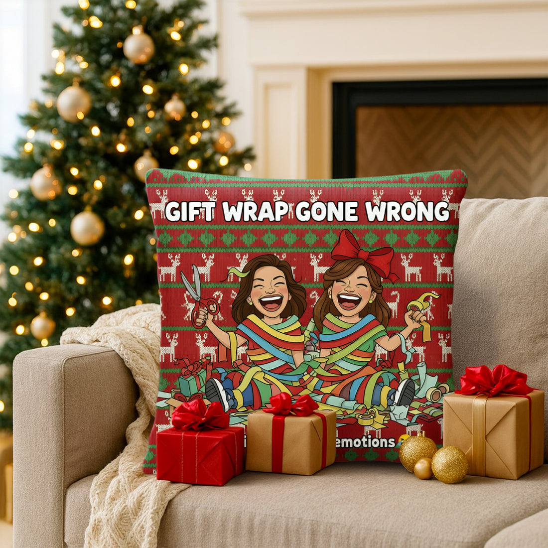 Custom Christmas Pillow – “Gift Wrap Gone Wrong” Personalized Funny Holiday Cushion | Perfect Gift for Best Friends or Sisters | Pillow36