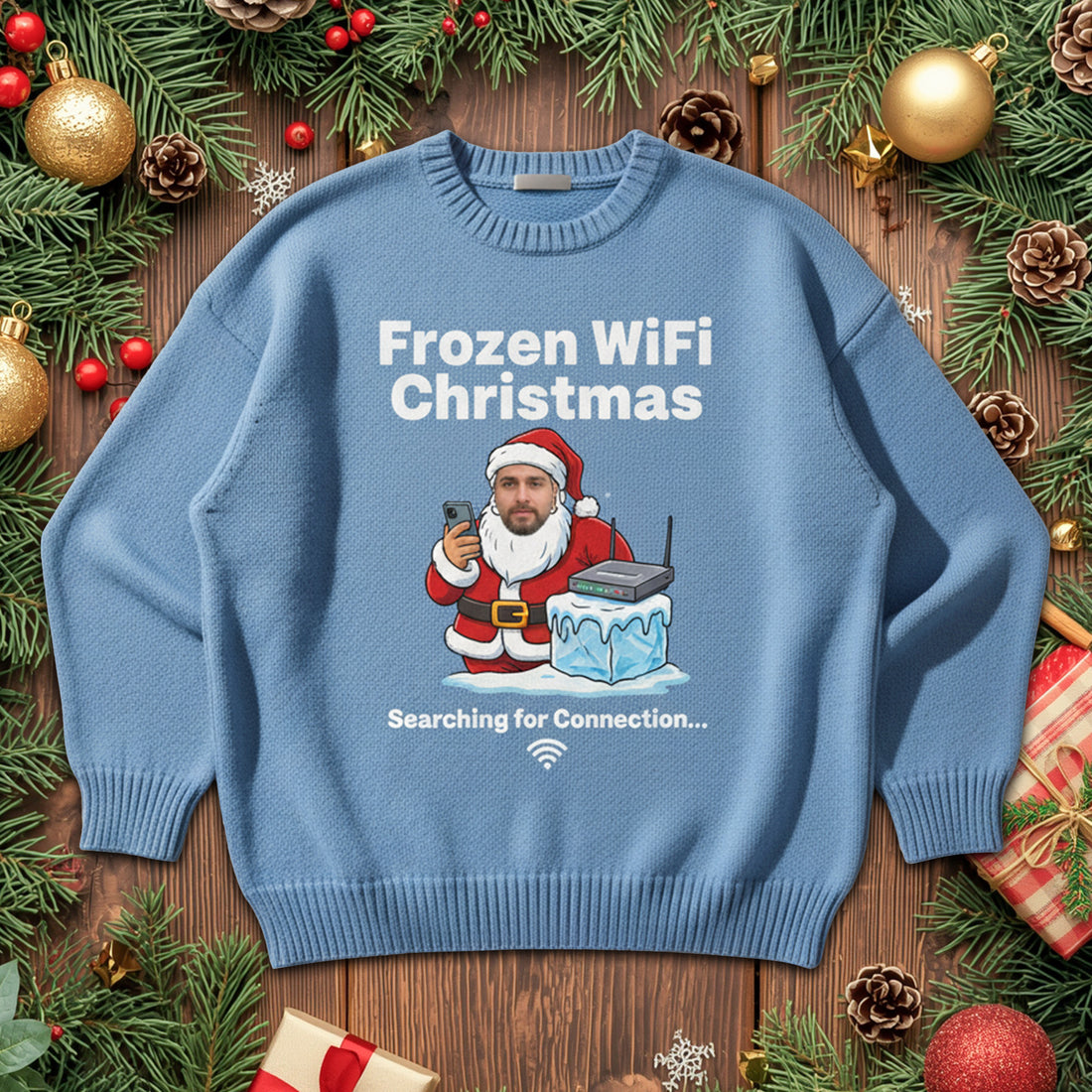 Frozen Wi-Fi Ugly Christmas Sweater – Customizable Photo, Funny Santa Jumper, Searching for Connection, Holiday Wi-Fi Humor | Ugly 8