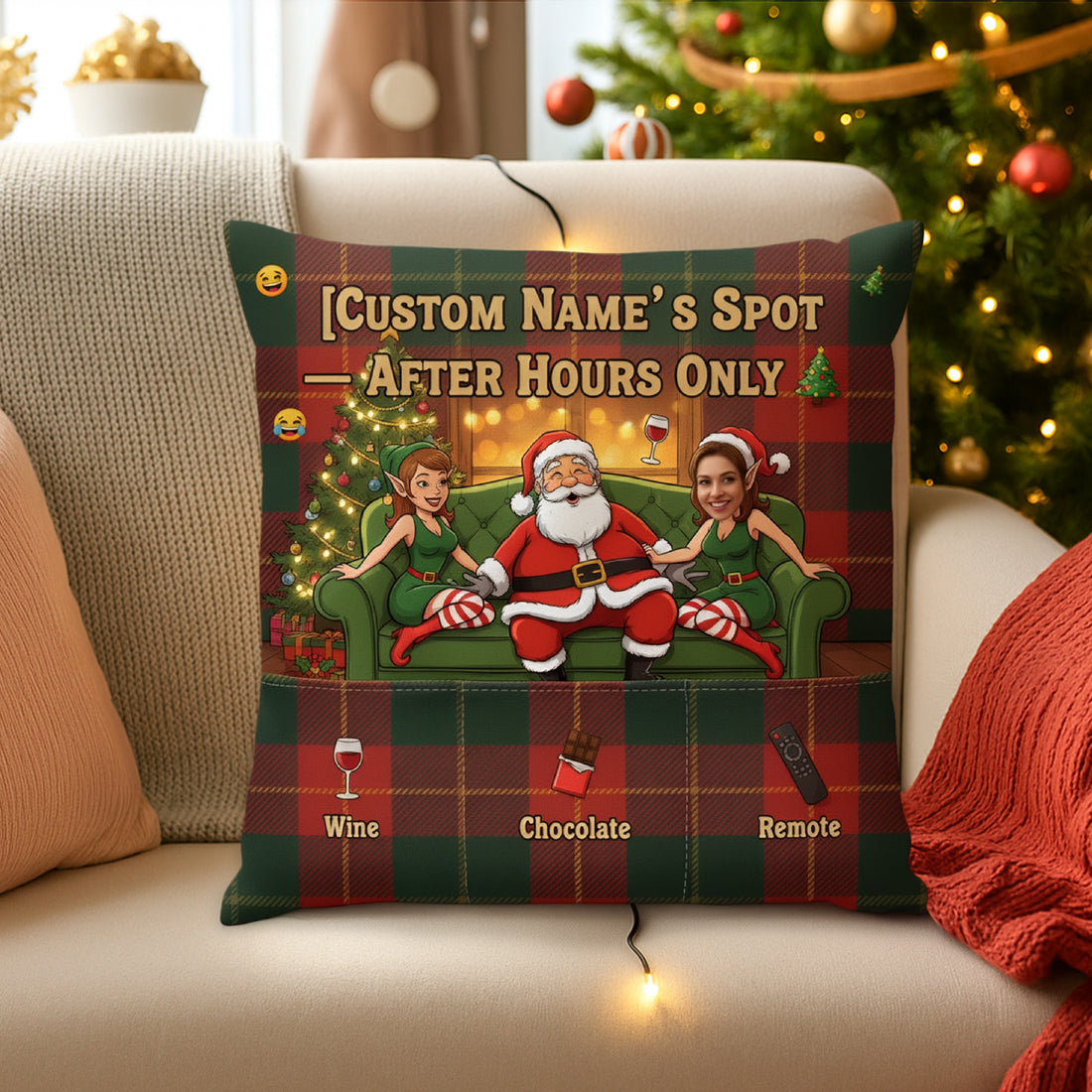 Custom Christmas Pillow – Personalized Santa’s After Hours Only Linen Cushion | Funny Holiday Decor Gift with Photo & Name | Pillow2