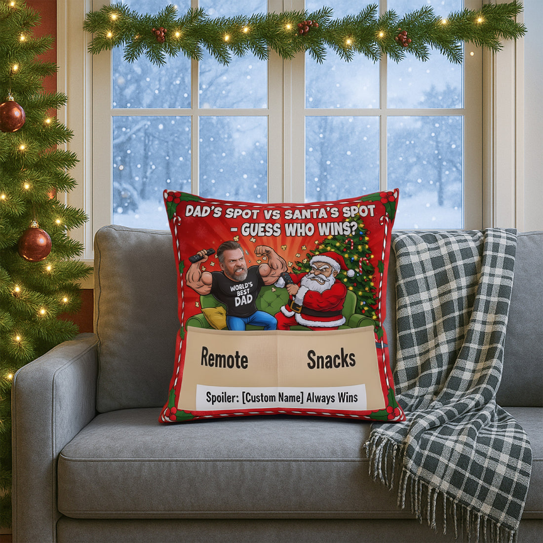 Personalized Christmas Pillow – Custom Face & Name | “Dad’s Spot vs Santa’s Spot” Funny Gift for Dad | Pillow9