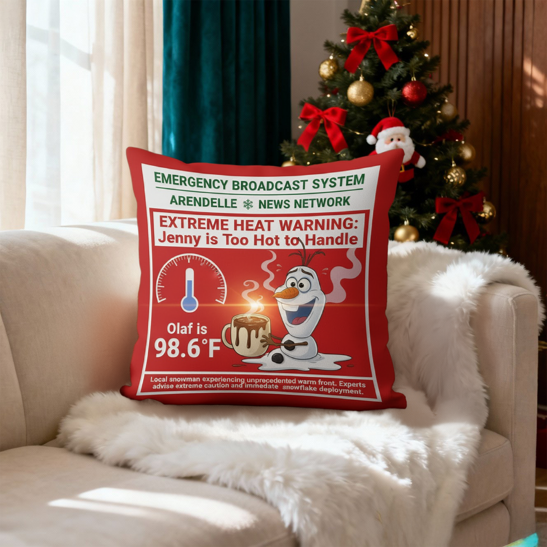 Funny Snowman Warning Pillow, Custom Name Extreme Heat Cushion, Personalized Linen Decor, Christmas Gift for Her or Him | Pillow 98