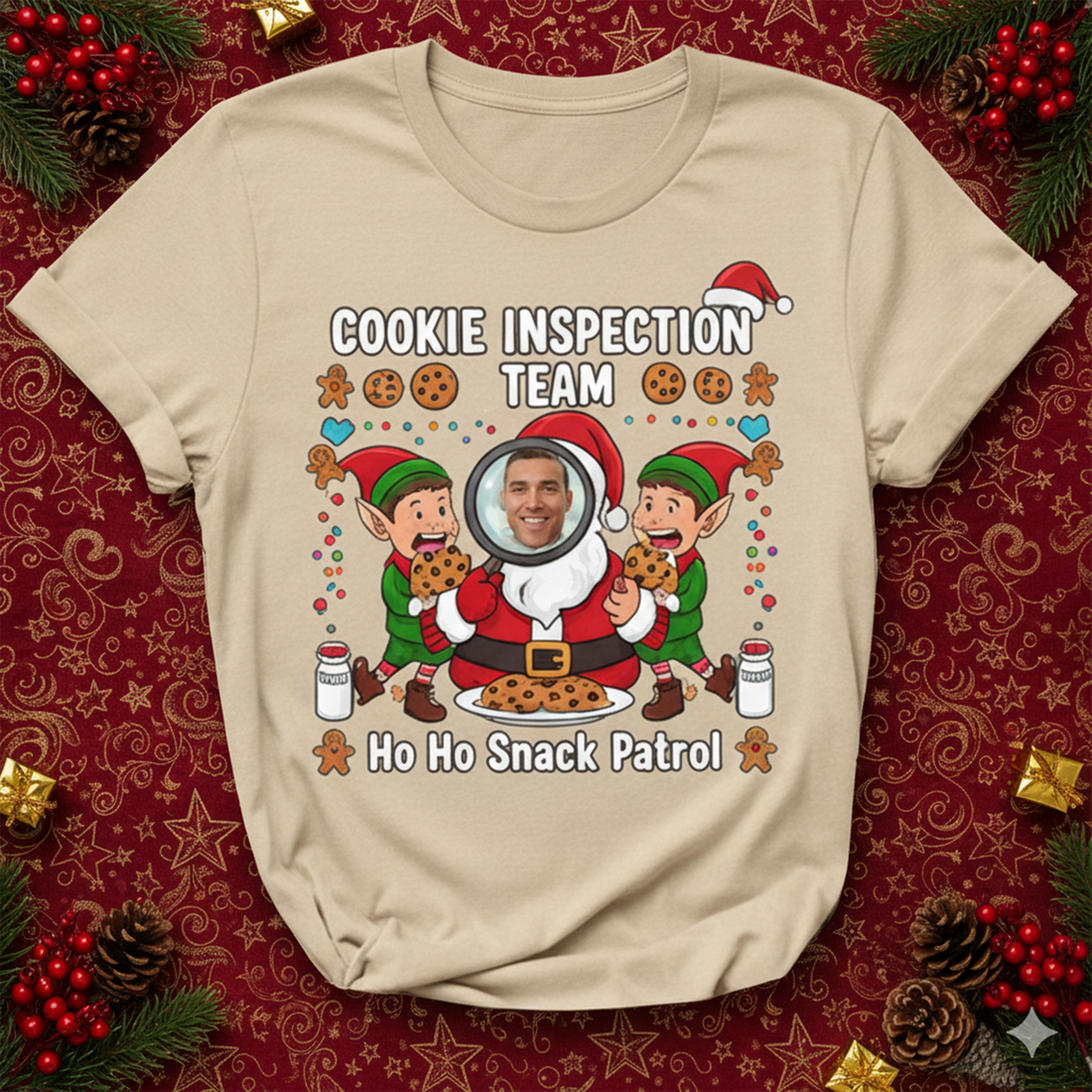 Custom Photo Cookie Inspection Team Christmas T-Shirt, Funny Santa Elf Tee, Personalized Holiday Family Shirt, Xmas Gift for Friends | T-shirt 17