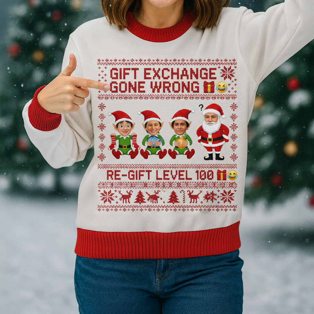 Gift Exchange Gone Wrong Ugly Christmas Sweater – Customizable Photo, Funny Re-gift Level 100 Jumper for Holidays | Ugly 39