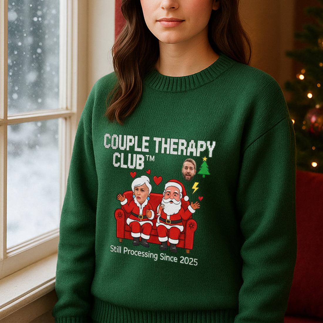 Couple Therapy Club Ugly Christmas Sweater – Customizable Photo, Funny Holiday Jumper, Still Processing Since 2025 | Ugly 28