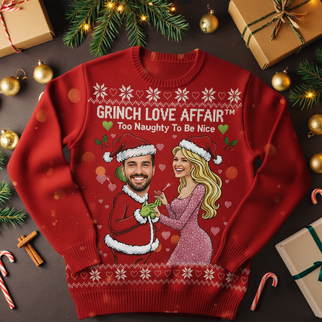 Grinch Love Affair Ugly Christmas Sweater – Customizable Photo, Funny Holiday Jumper, Too Naughty To Be Nice | Ugly 6