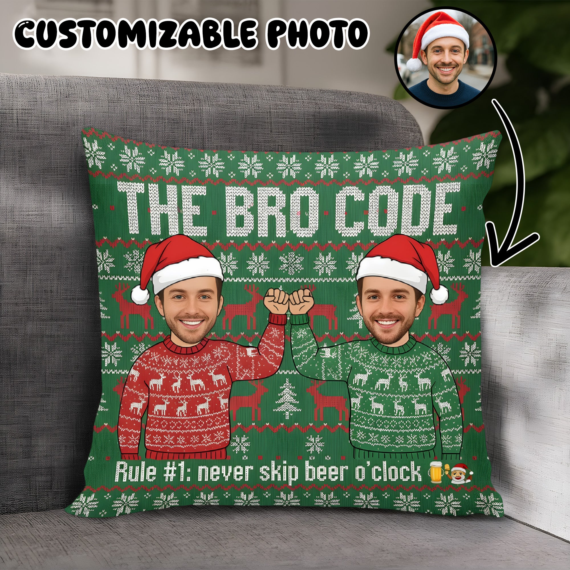 Personalized Double-Sided Christmas Pillow – Custom Face | “The Bro Code” Funny Christmas Gift for Brothers & Friends | Pillow20