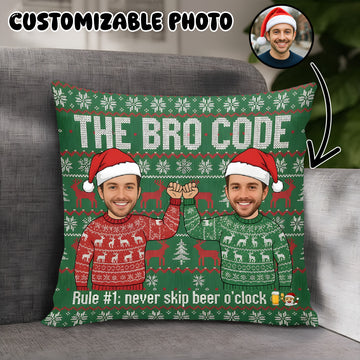 Personalized Double-Sided Christmas Pillow – Custom Face | “The Bro Code” Funny Christmas Gift for Brothers & Friends | Pillow20
