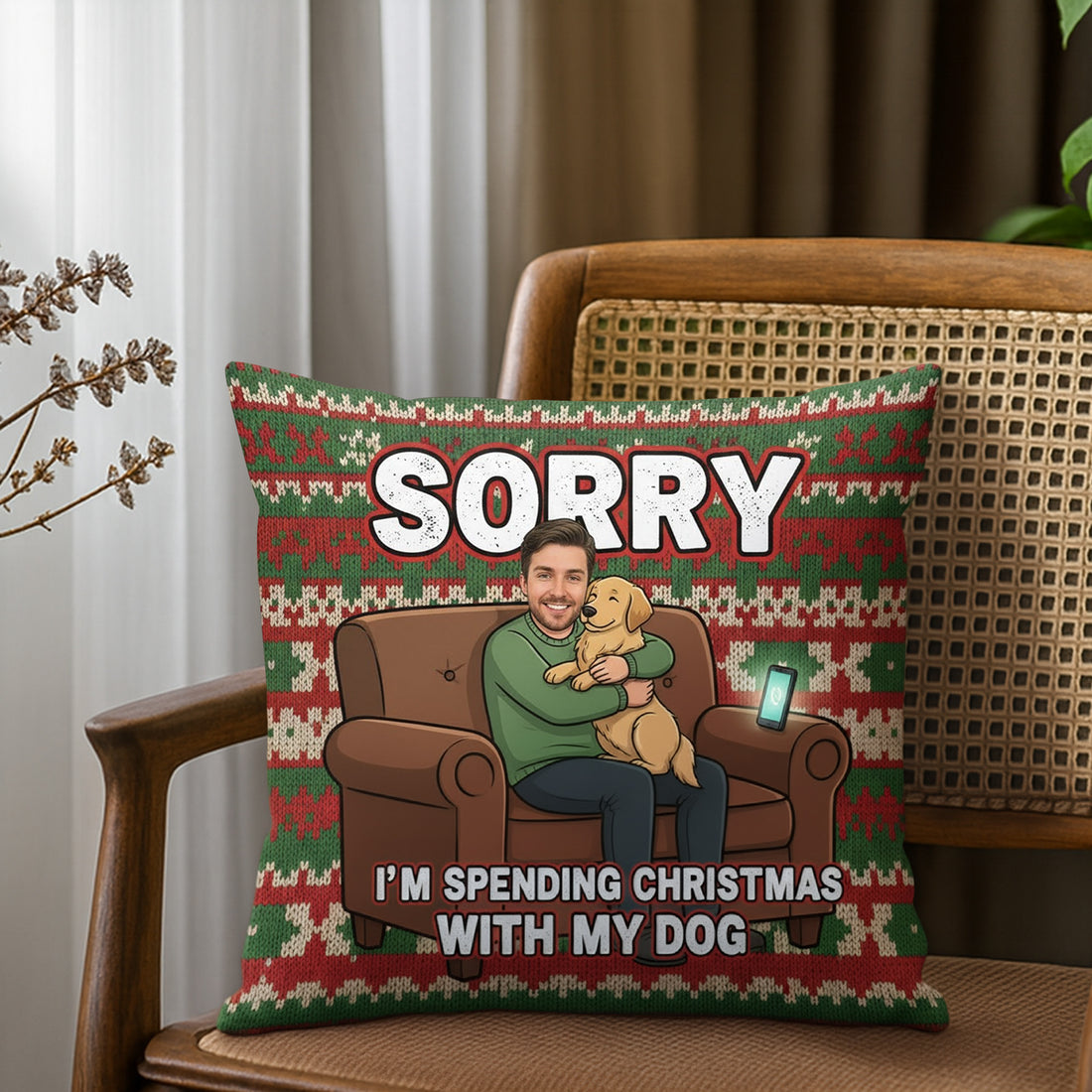 Custom Funny Dog Lover Christmas Pillow – Personalized Pet Face Gift, Sorry I’m Spending Christmas With My Dog Cushion | Pillow40