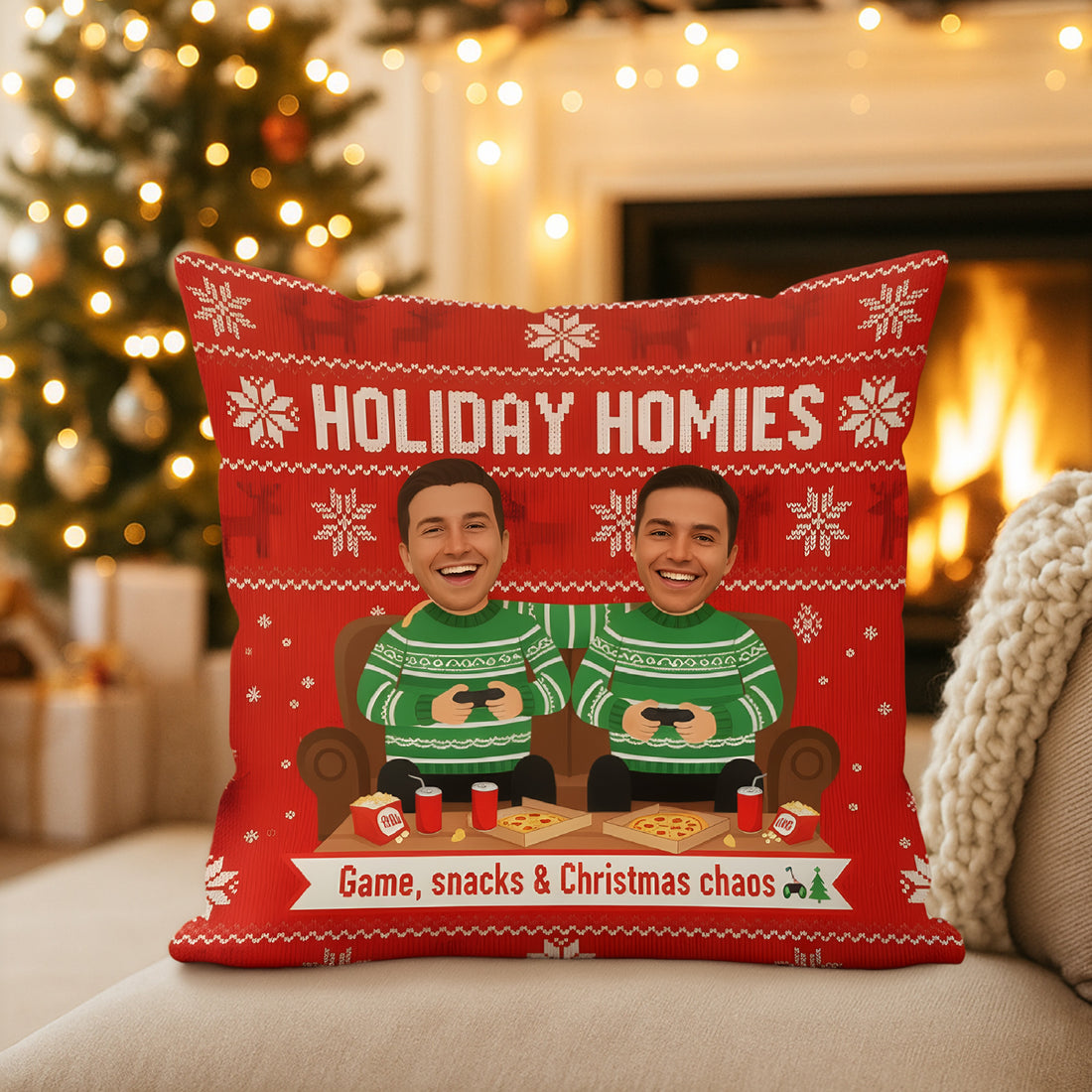 Holiday Homies Pillow – Game, Snacks & Christmas Chaos | Custom Christmas Gift for Friends & Family| Pillow28