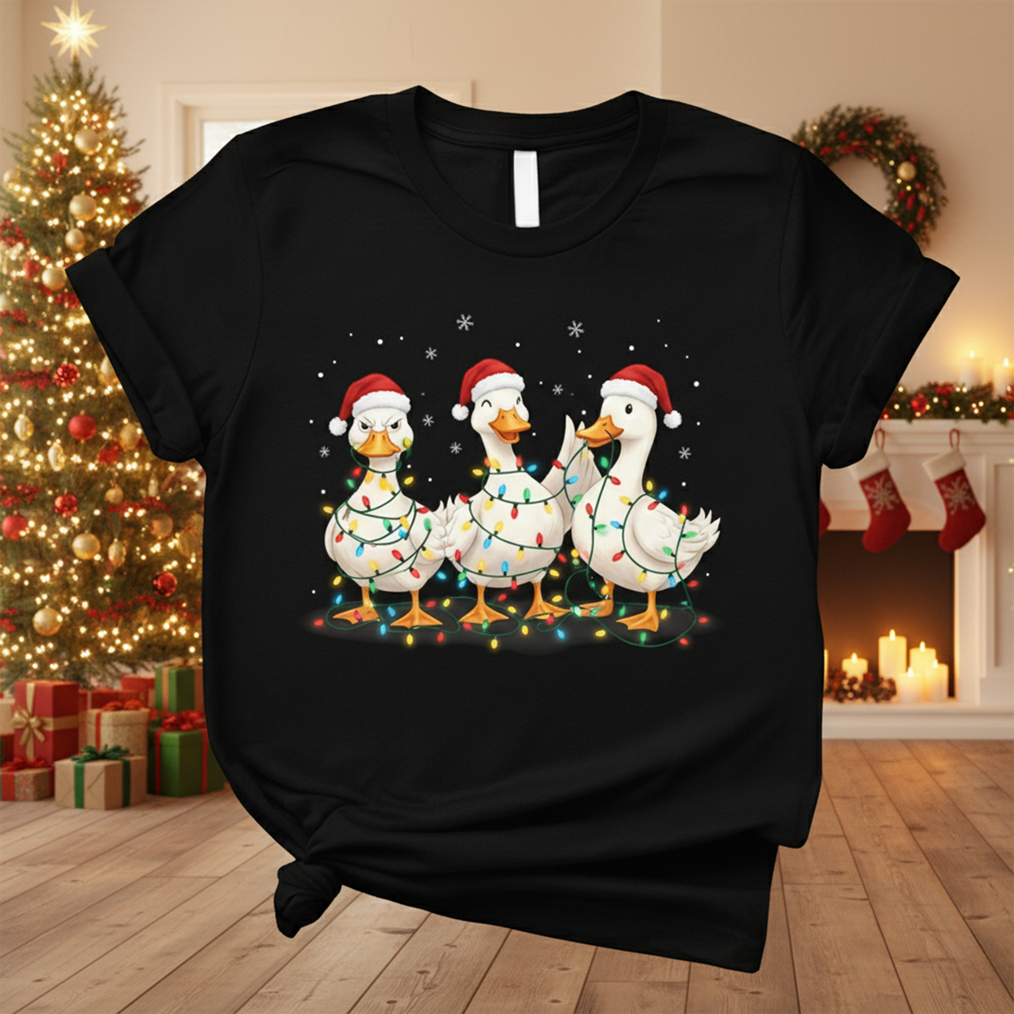 Christmas Duck T-Shirt, Funny Holiday Farm Animal Tee, Cute Xmas Gift for Bird Lovers, Festive Duck Shirt with Santa Hats and Lights | T-shirt 48